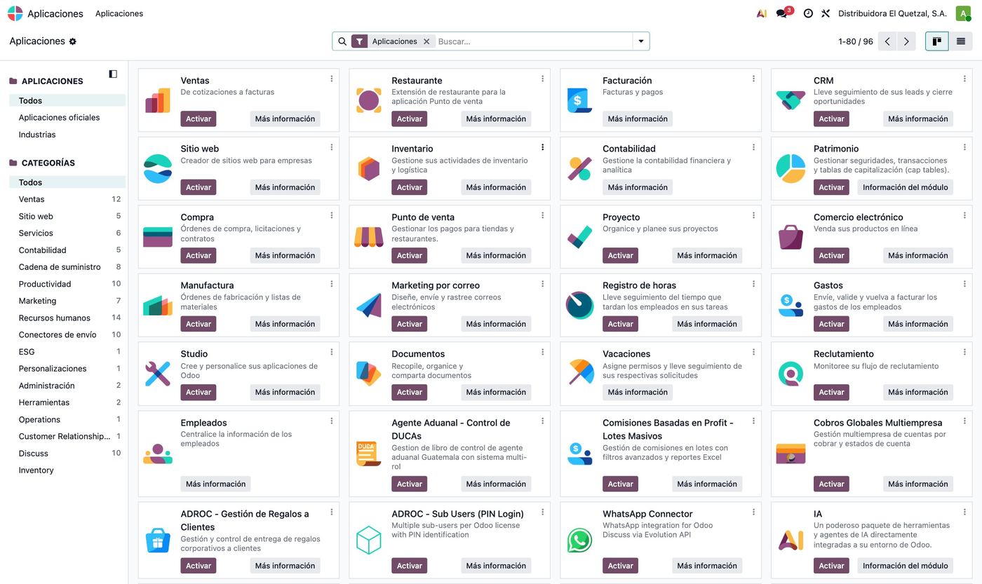 Menú de aplicaciones de Odoo