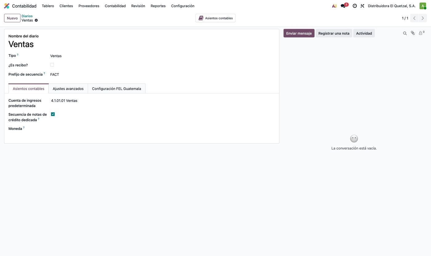 Configuración FEL del diario de ventas
