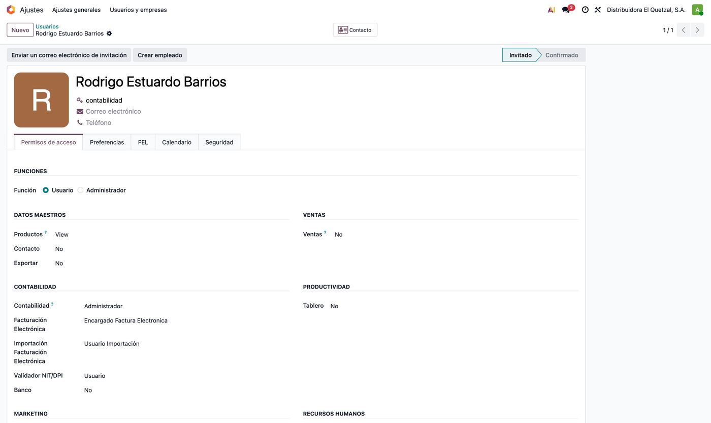 Ficha de usuario con permisos de contabilidad