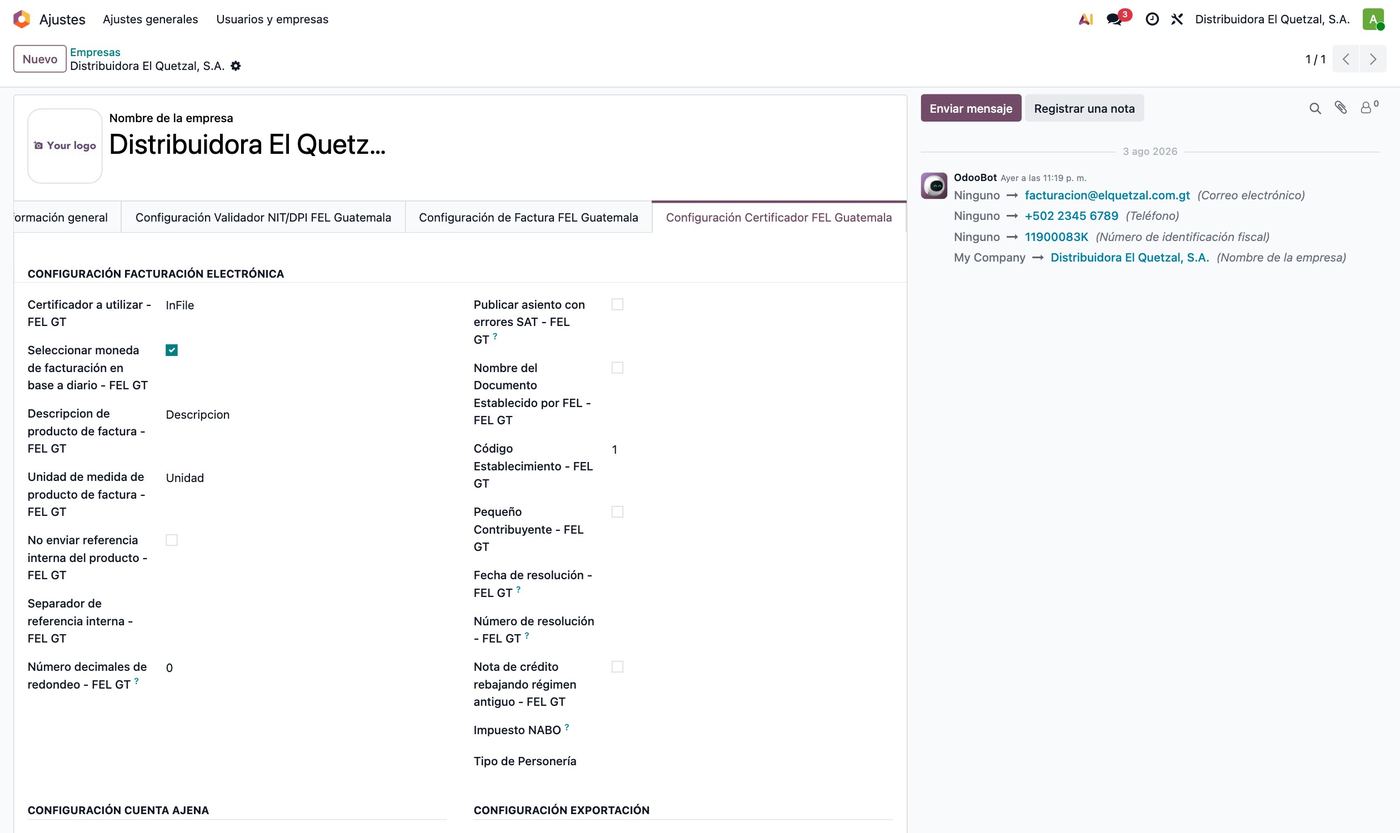 Pestaña de configuración del certificador FEL