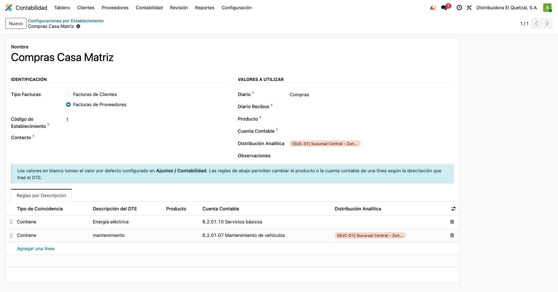 Configuración de un establecimiento
