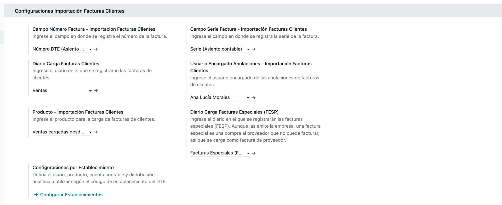 Configuraciones de importación de facturas de clientes