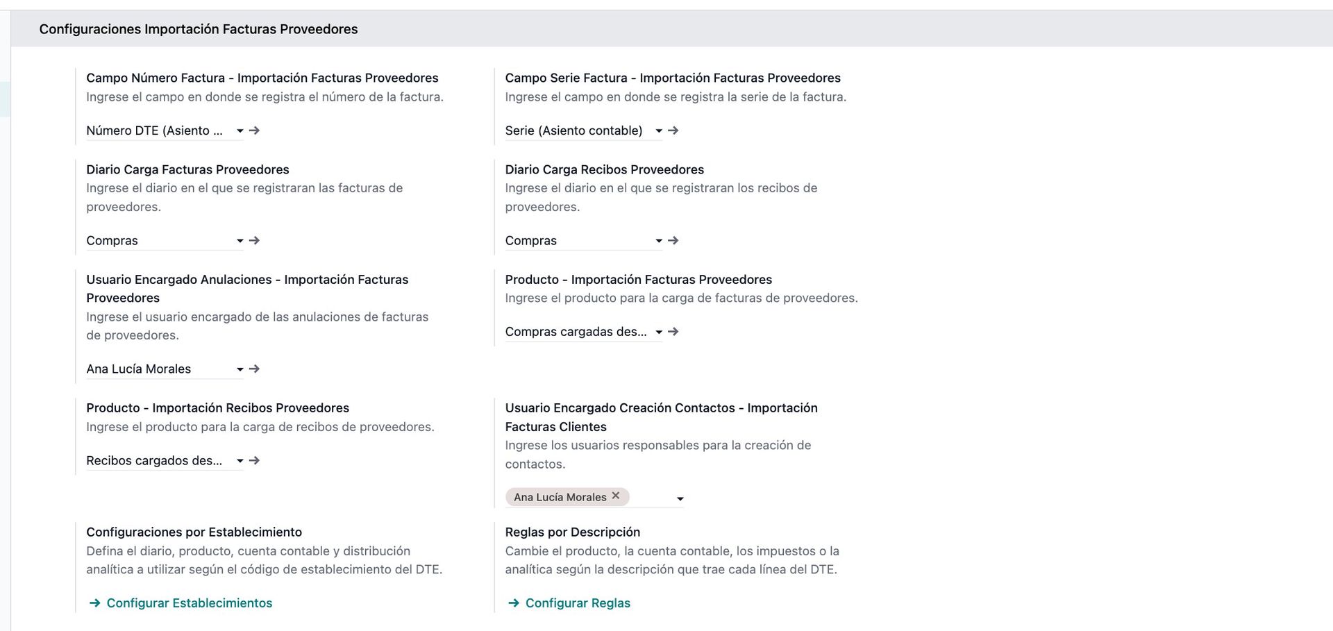 Configuraciones de importación de facturas de proveedores