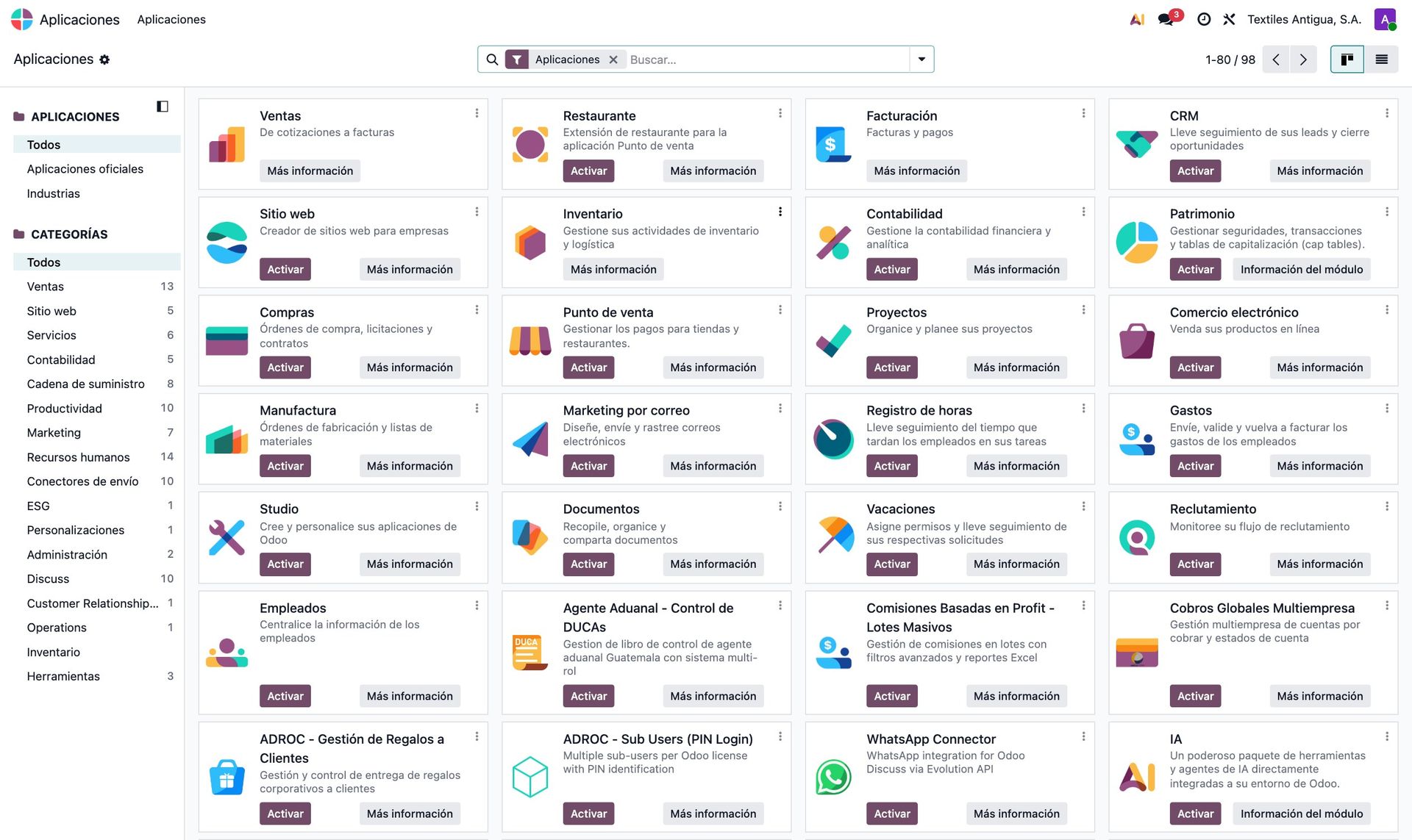 Aplicaciones instaladas en Odoo