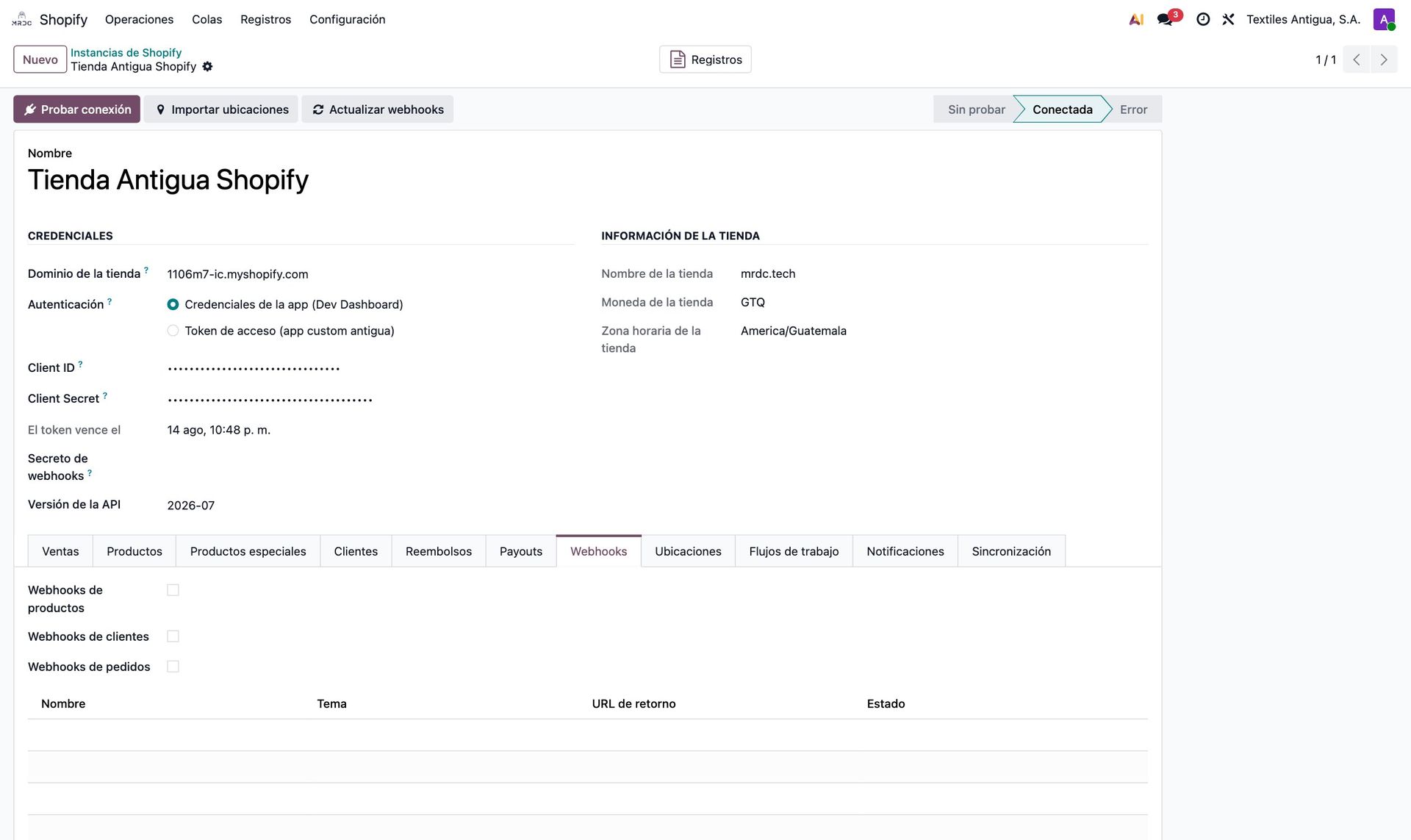 Pestaña de webhooks de la instancia