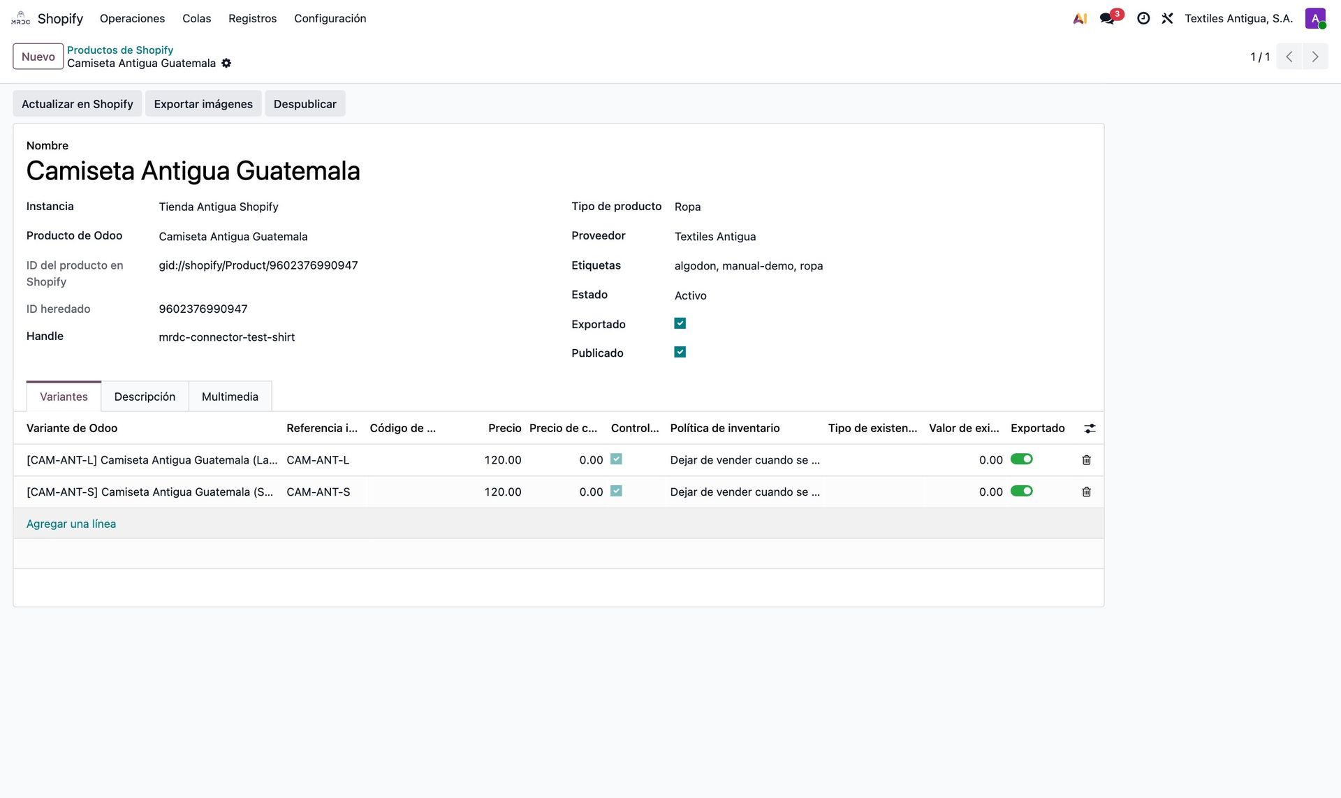 Ficha de producto de Shopify con sus variantes