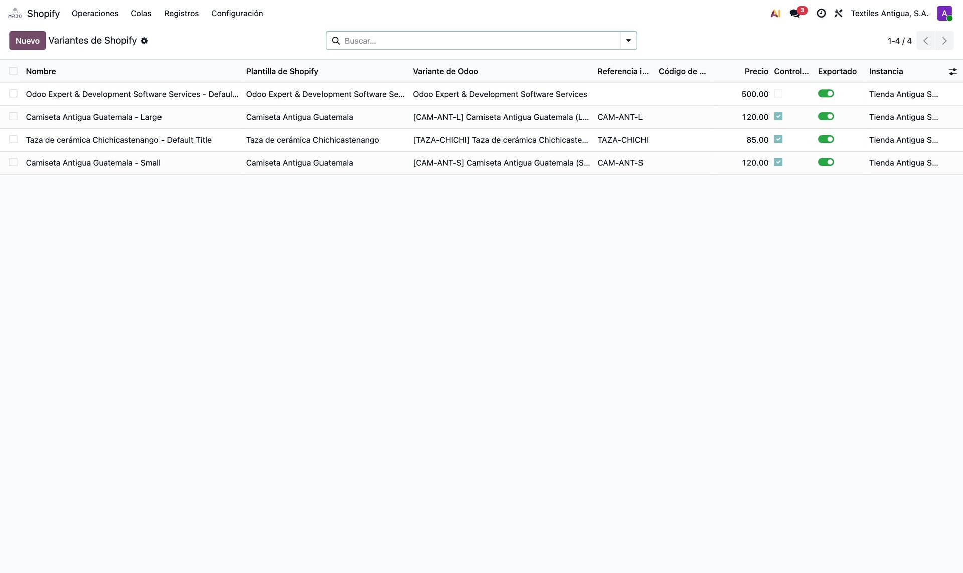 Variantes de Shopify en Odoo