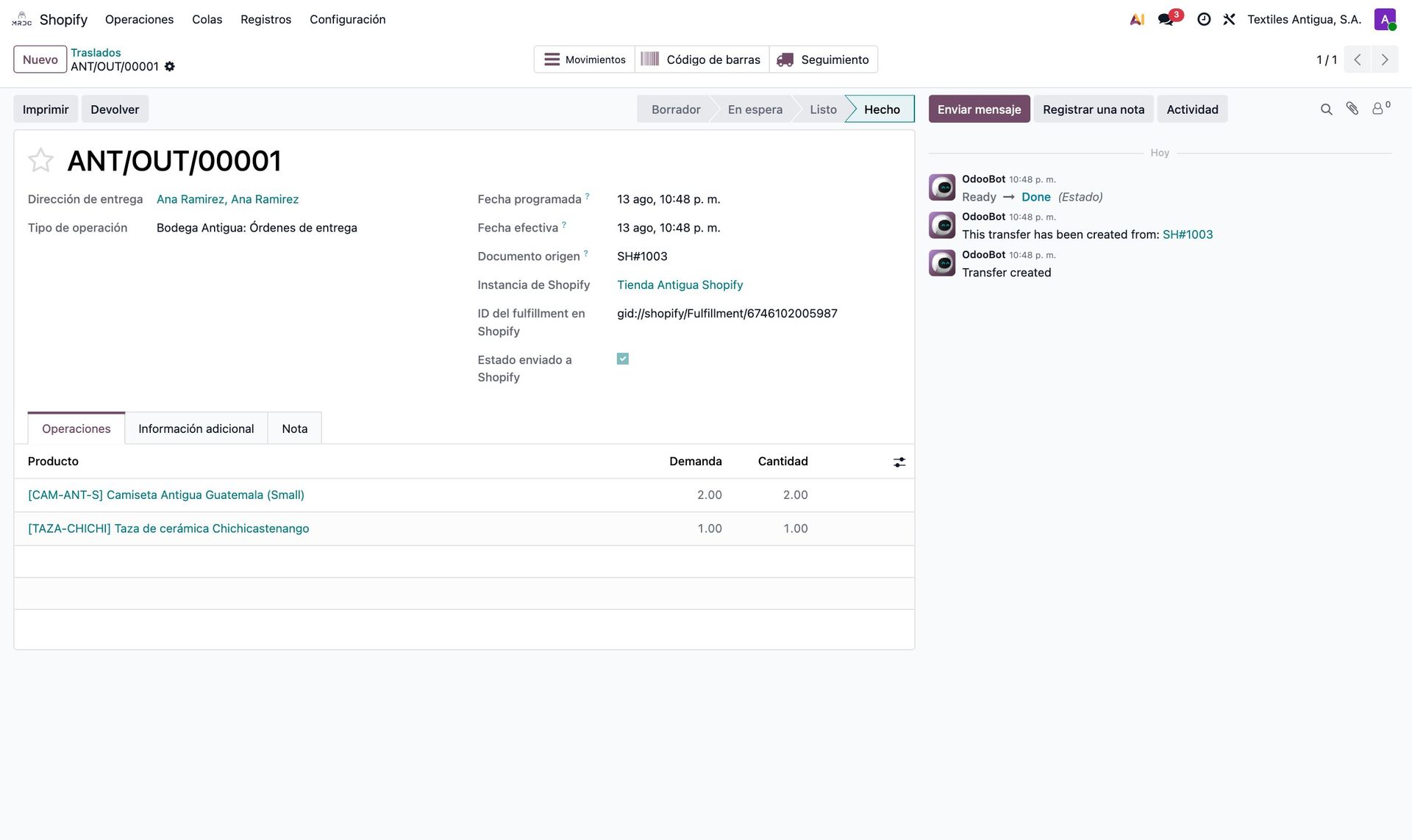 Entrega con datos de Shopify