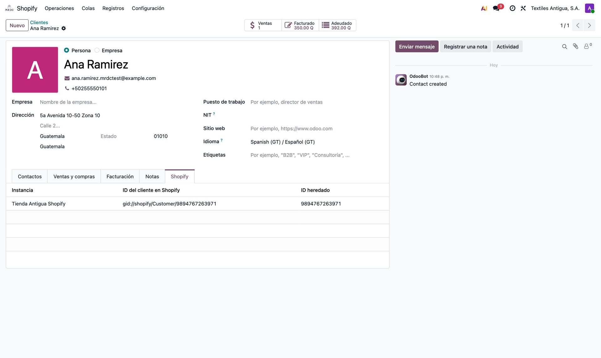 Pestaña Shopify del contacto en Odoo