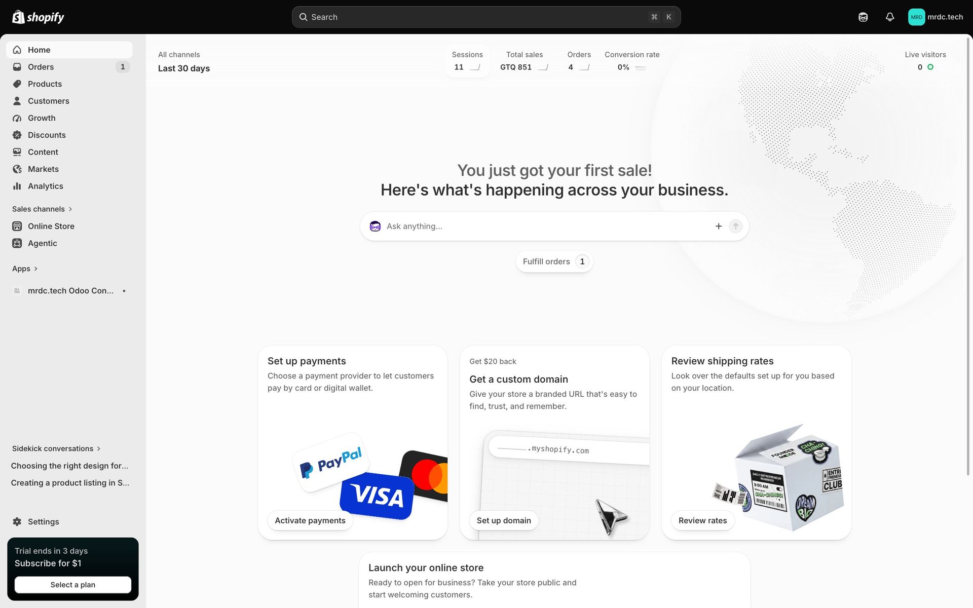 Panel de la tienda en Shopify