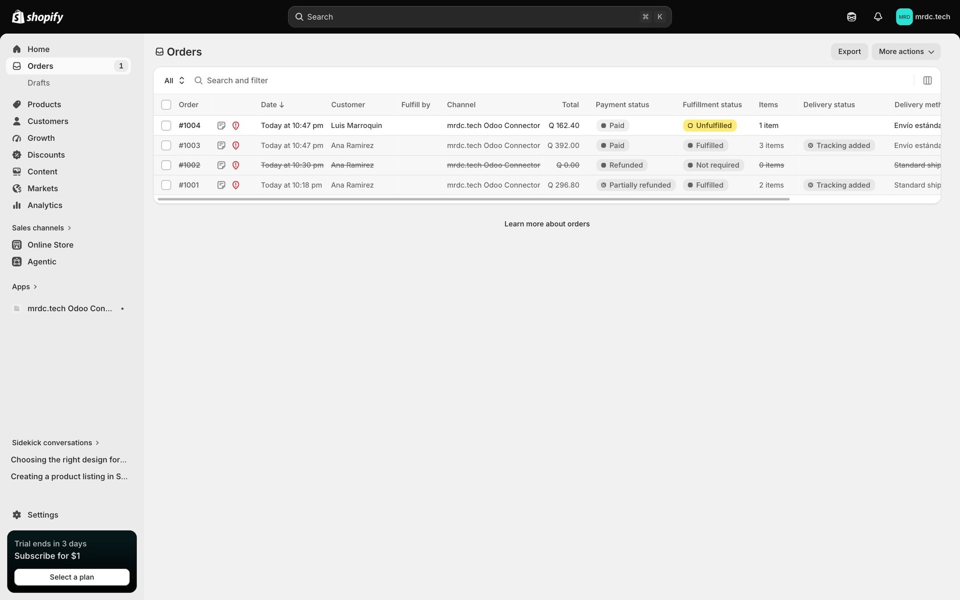 Pedidos en el administrador de Shopify