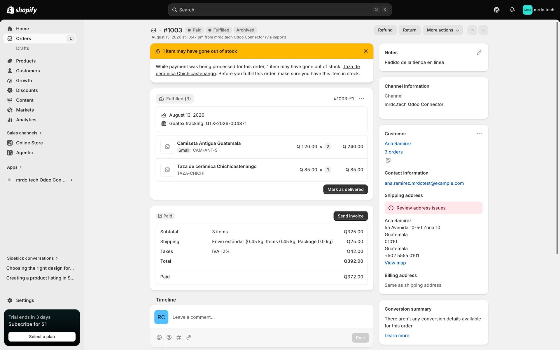 Pedido en el administrador de Shopify