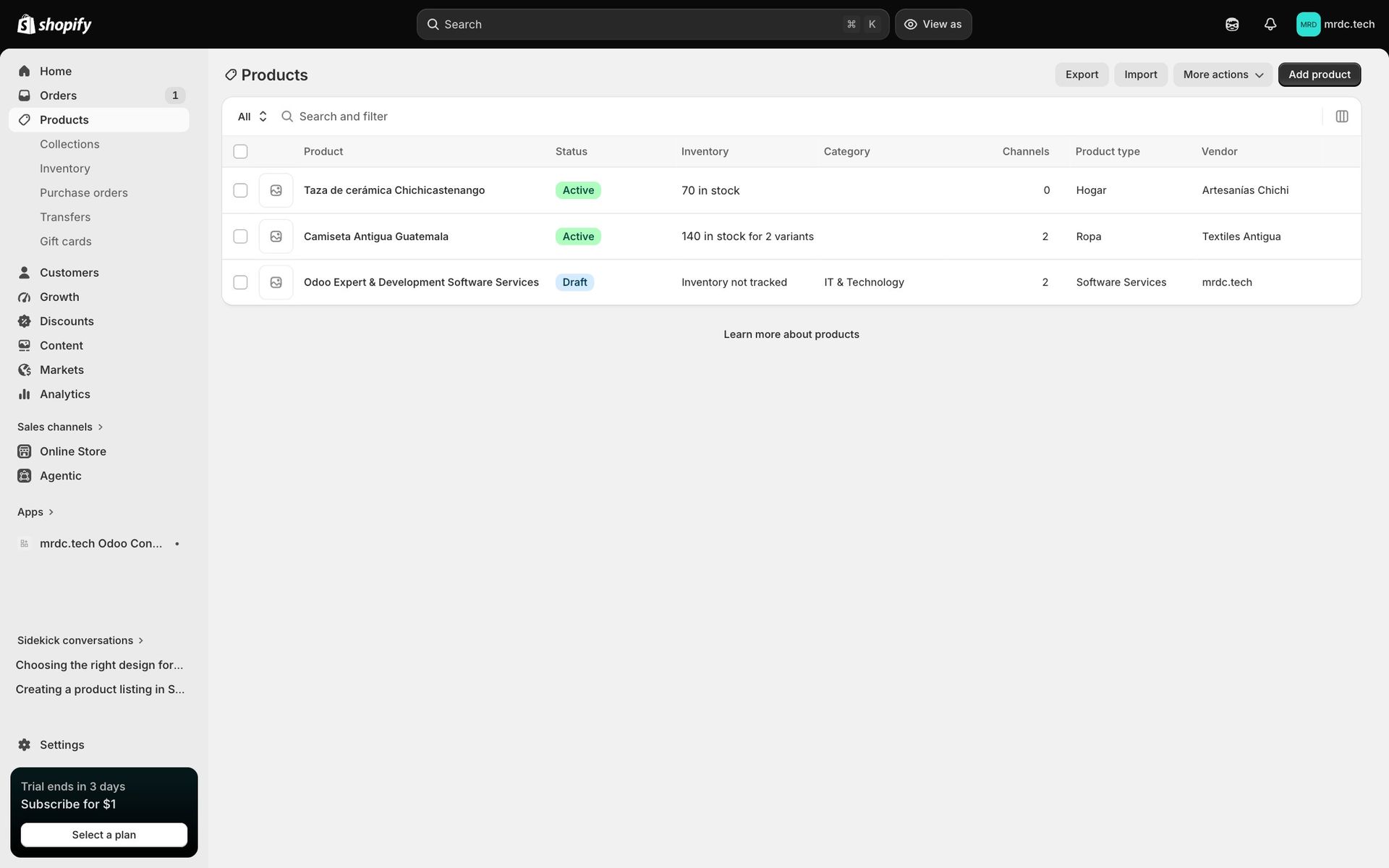Catálogo en el administrador de Shopify