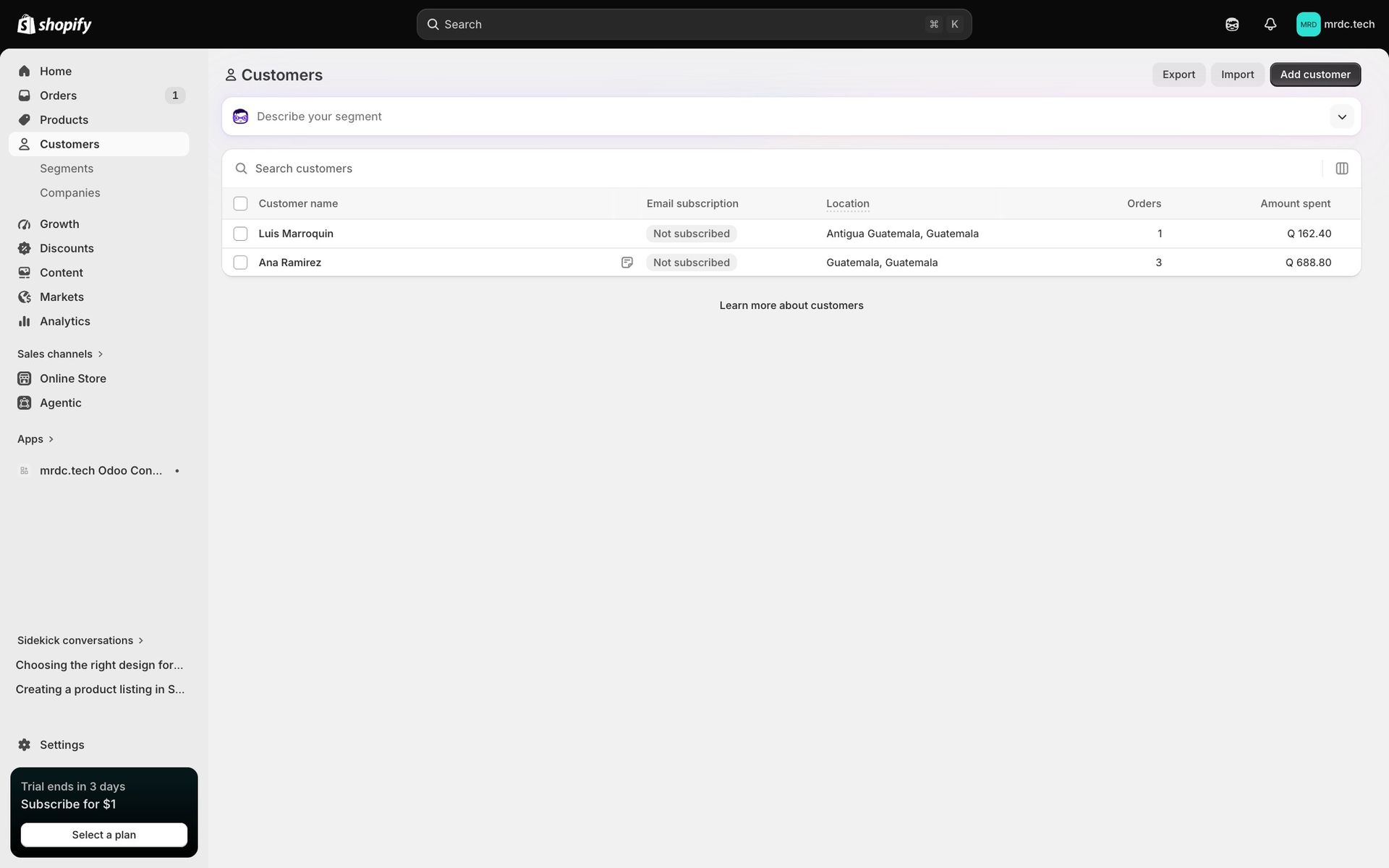 Clientes en el administrador de Shopify