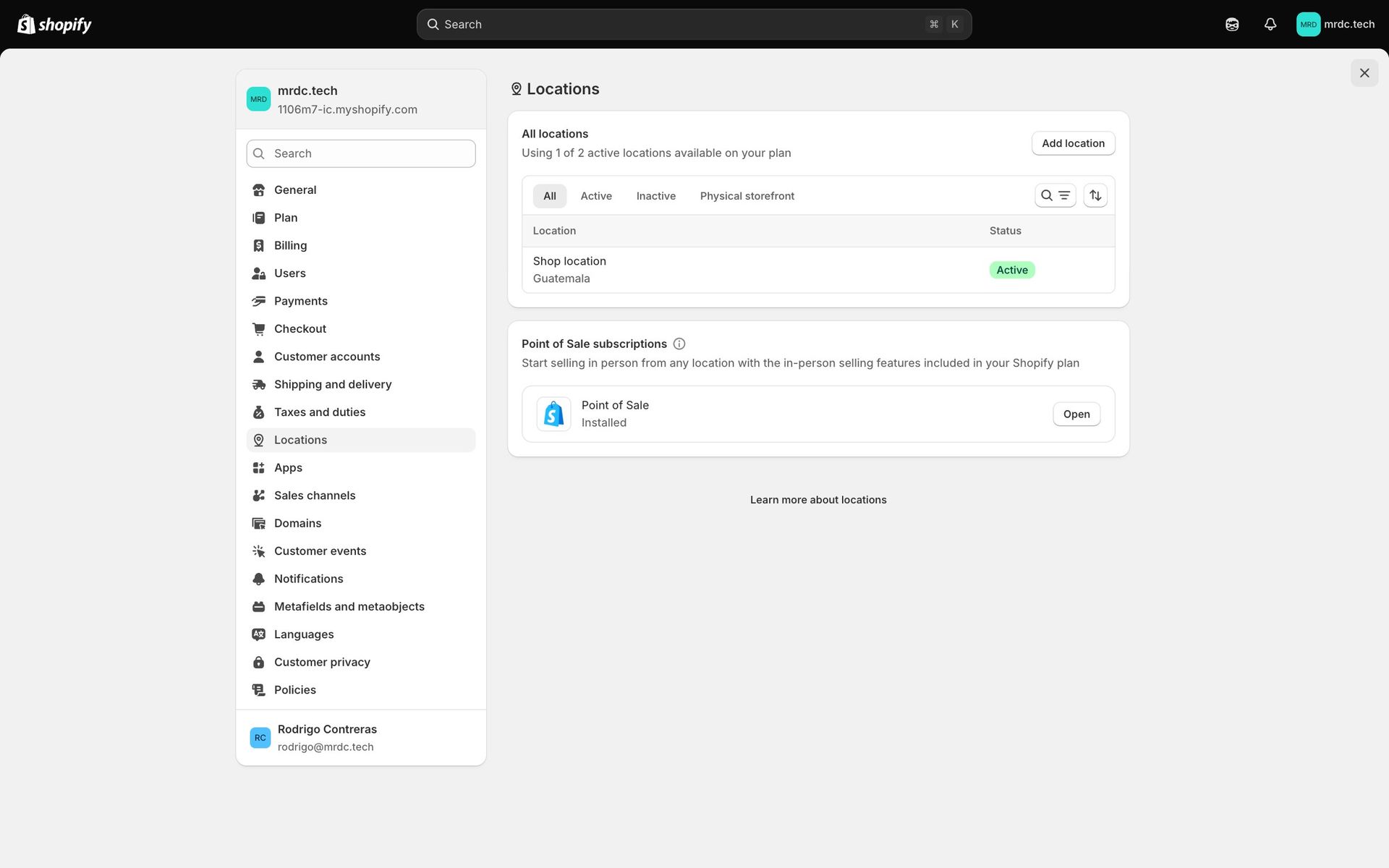 Ubicaciones en el administrador de Shopify
