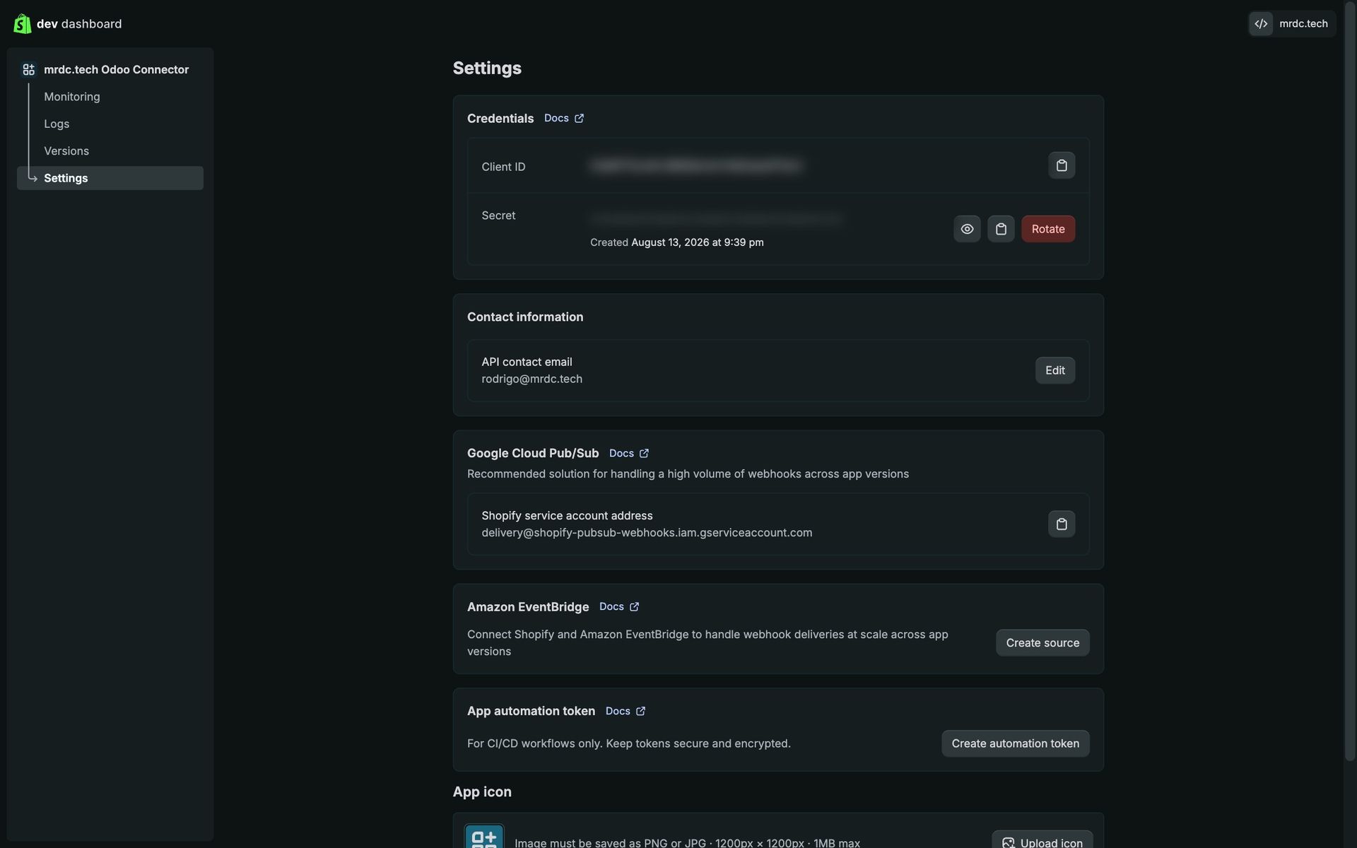 Credenciales de la app en el Dev Dashboard