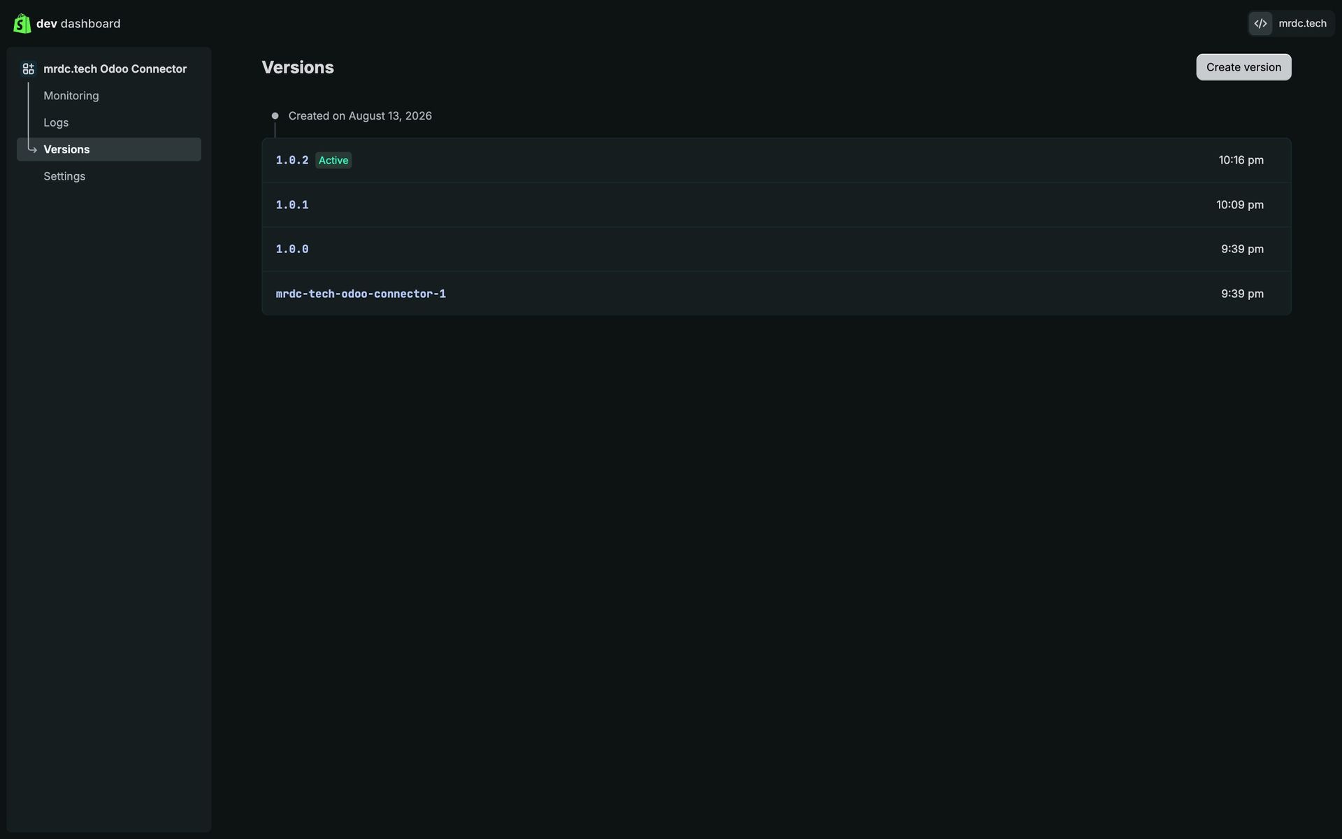 Pestaña Versions de la app en el Dev Dashboard