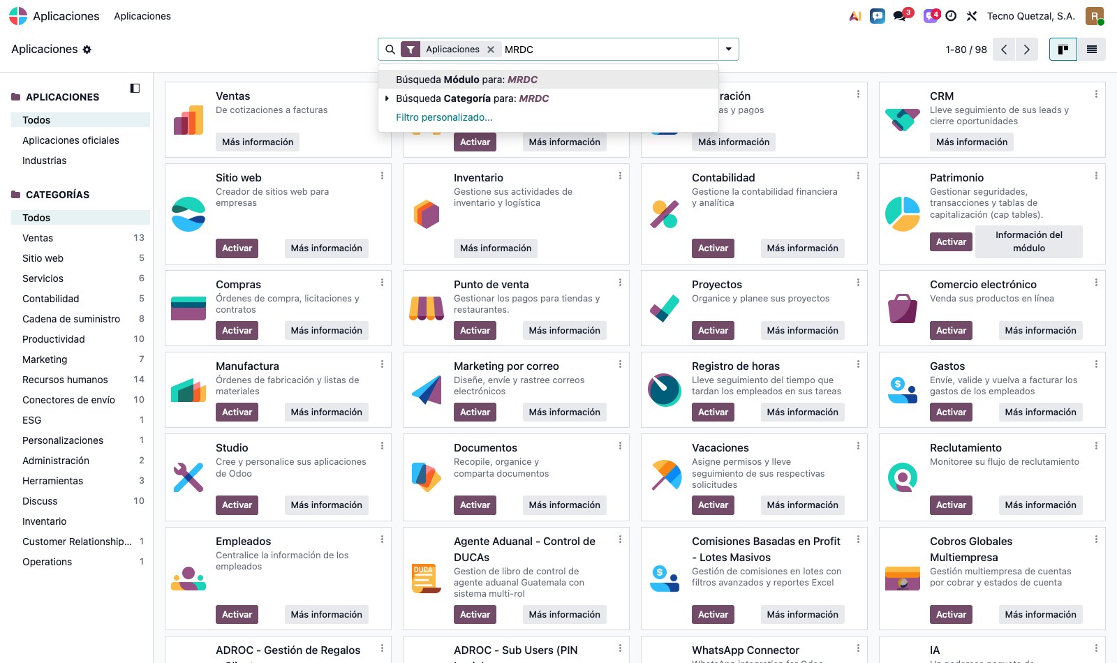 Lista de aplicaciones de Odoo con los módulos de la suite omnicanal