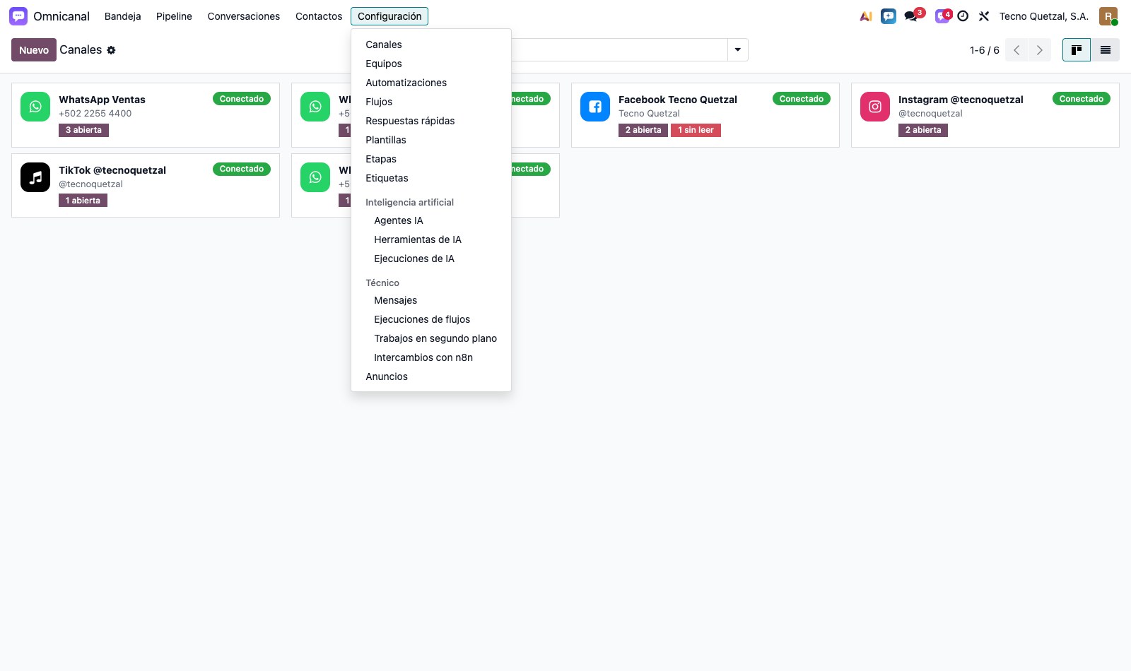 Menú de configuración de la aplicación Omnicanal
