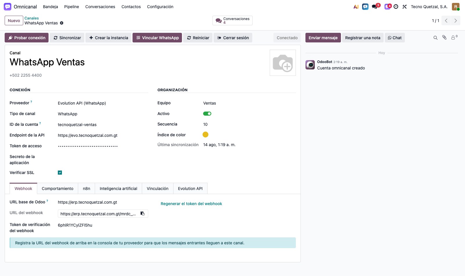Pestaña Webhook del canal
