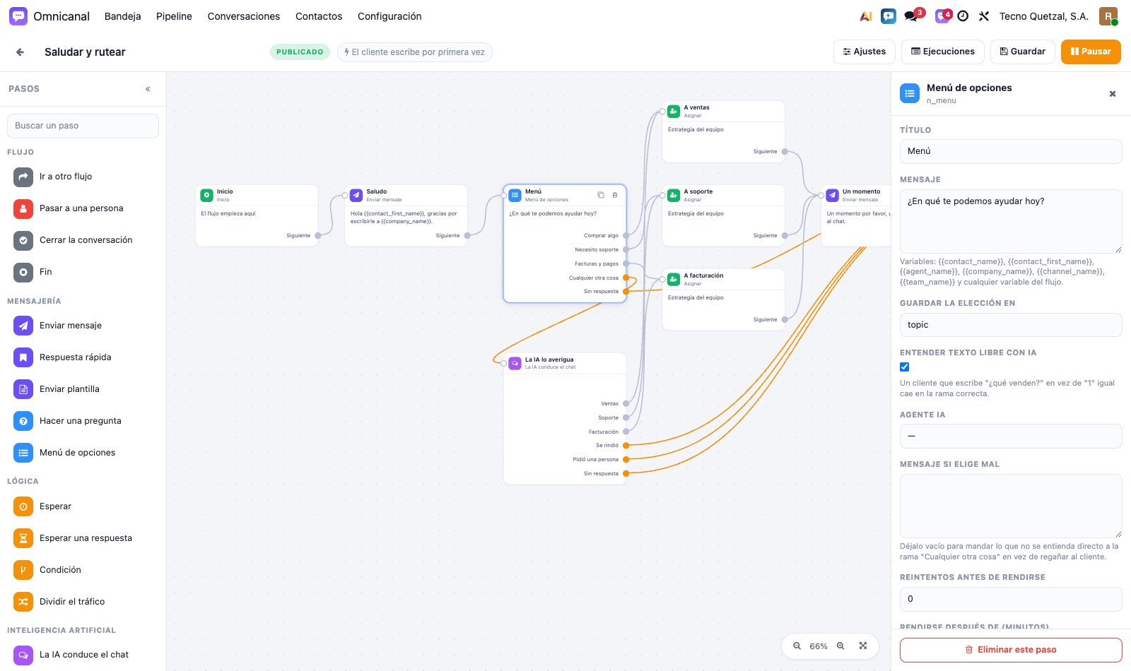 Un paso seleccionado con su panel de configuración
