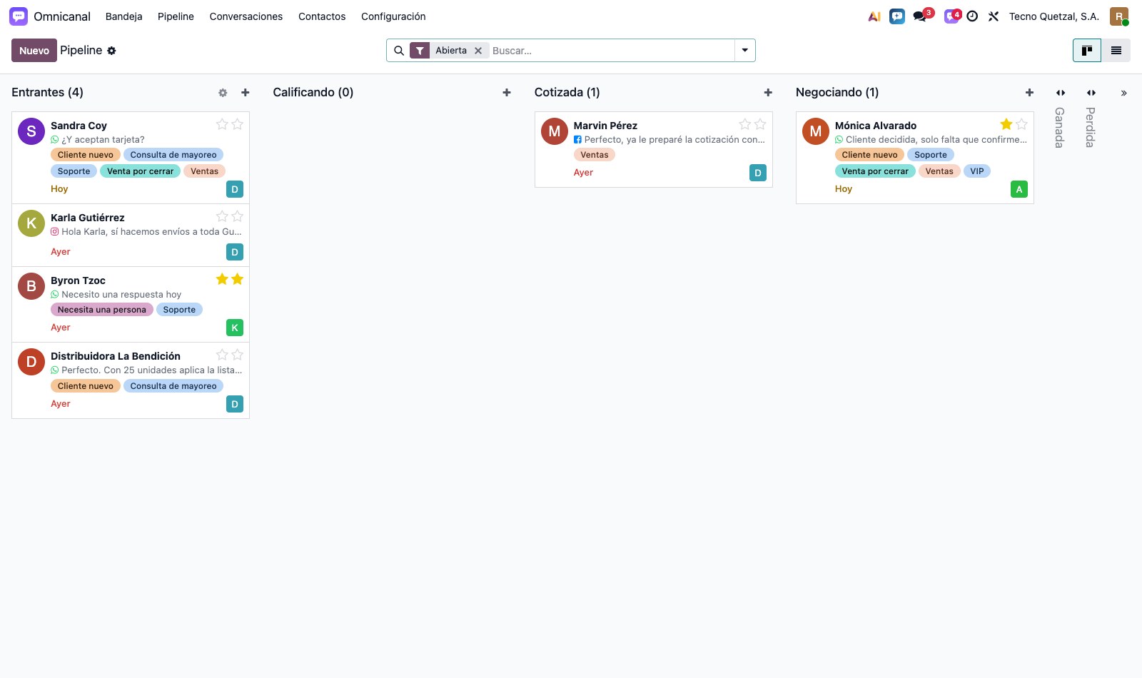 Vista de pipeline de las conversaciones