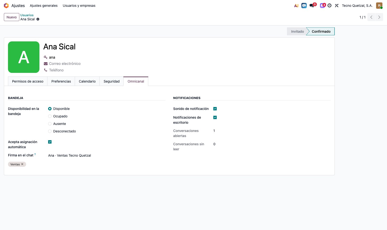 Pestaña Omnicanal en la ficha de un usuario