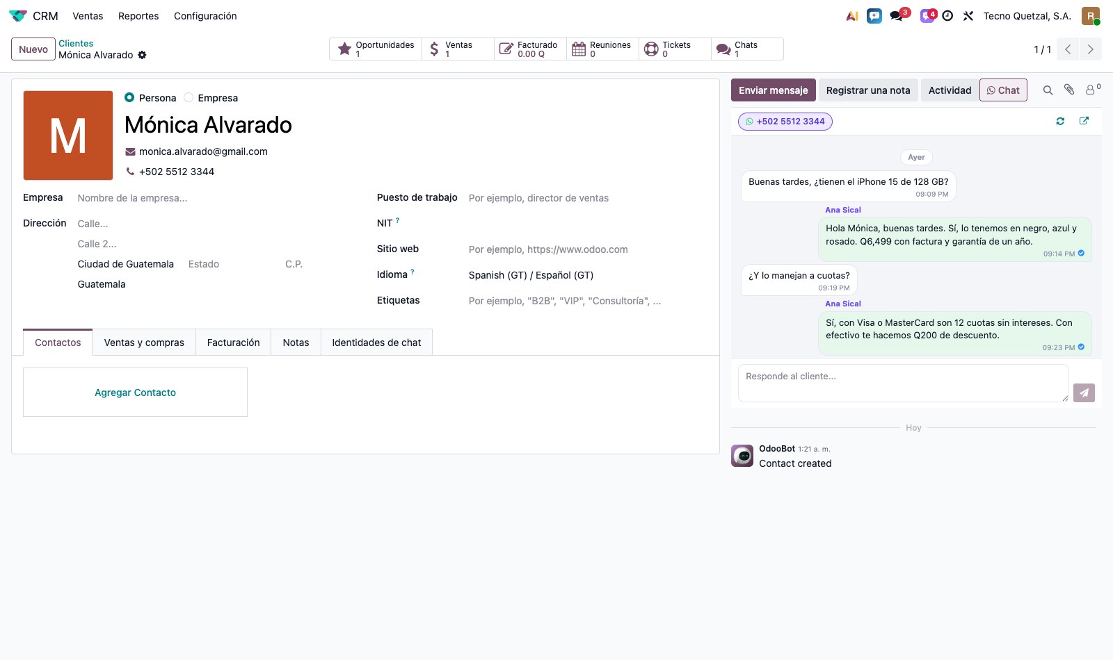 Historial de chat desplegado en el chatter