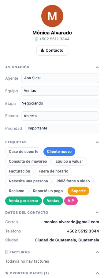 Panel lateral completo con facturas y oportunidades
