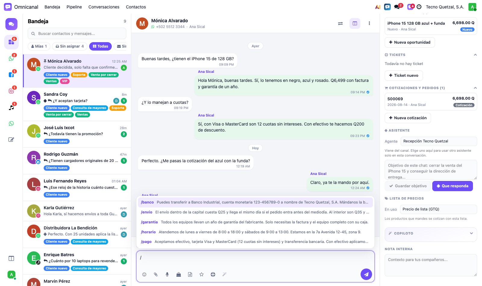 Respuestas rápidas al escribir una barra