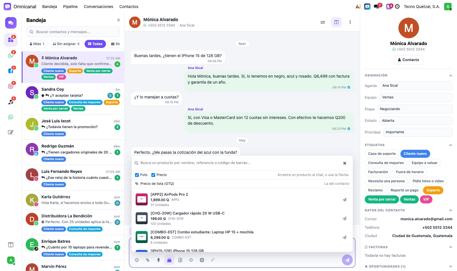 Panel de productos dentro del chat