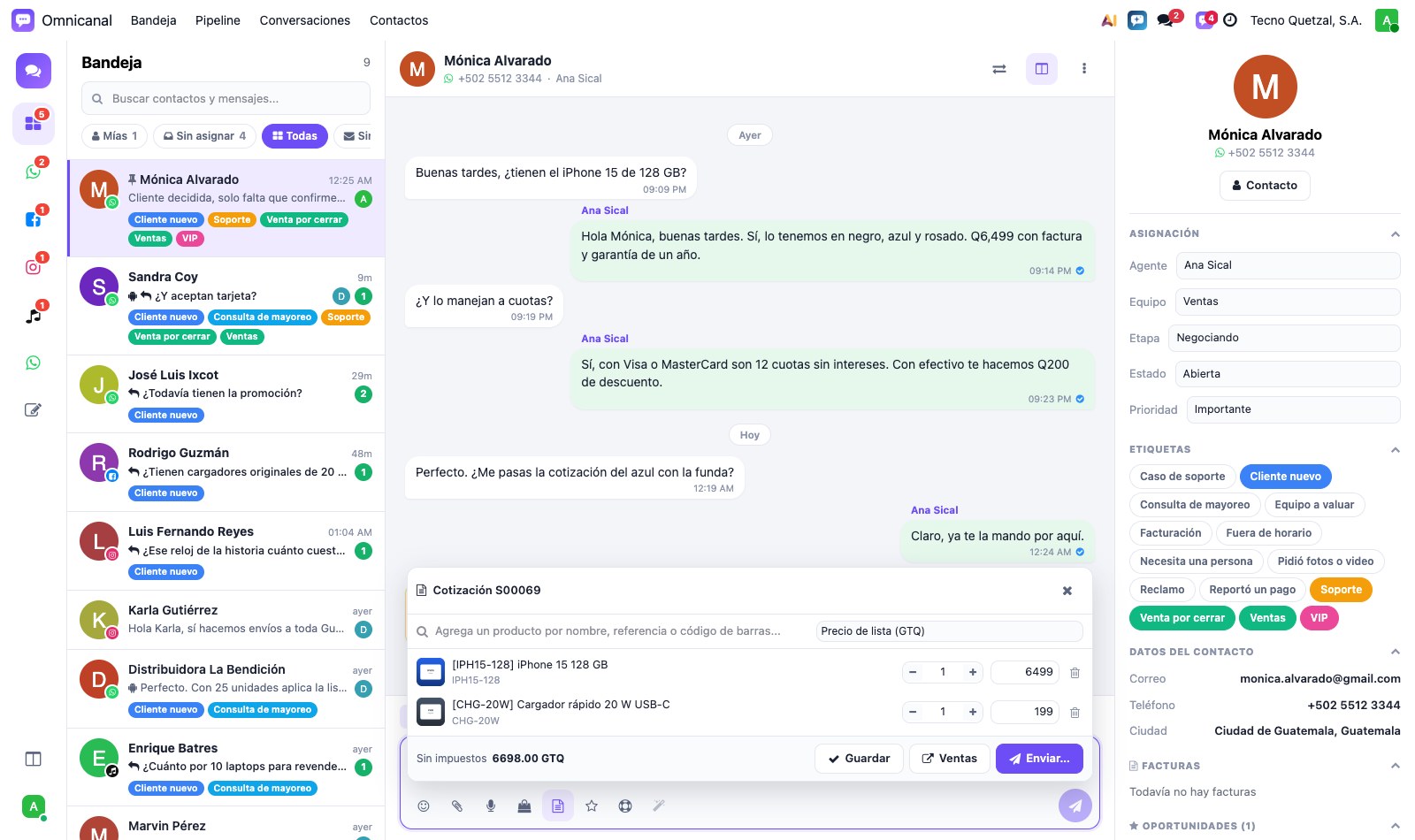 Constructor de cotización dentro del chat