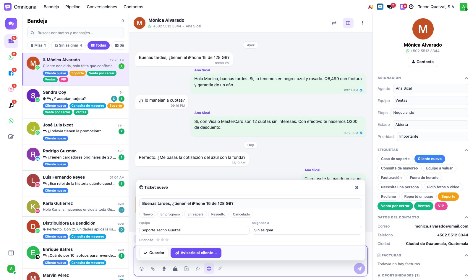 Editor de ticket dentro del chat