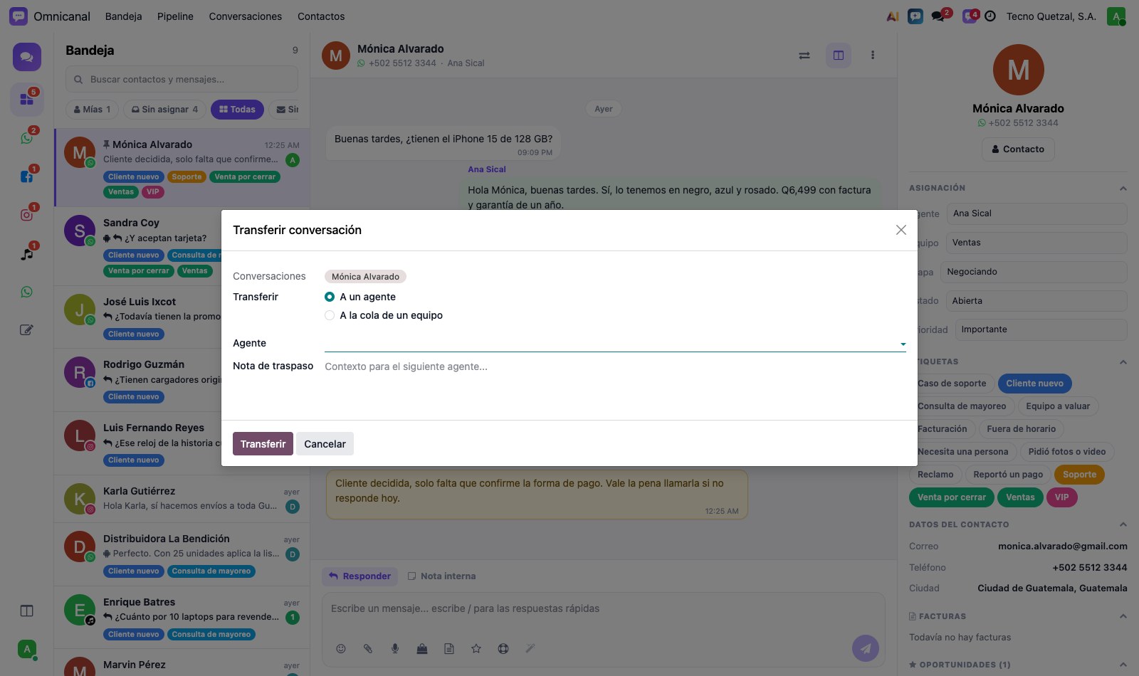 Diálogo de transferencia de conversación