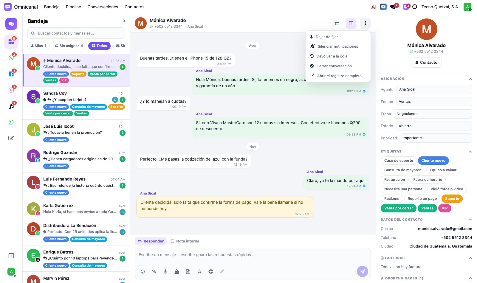 Menú de más opciones de la conversación