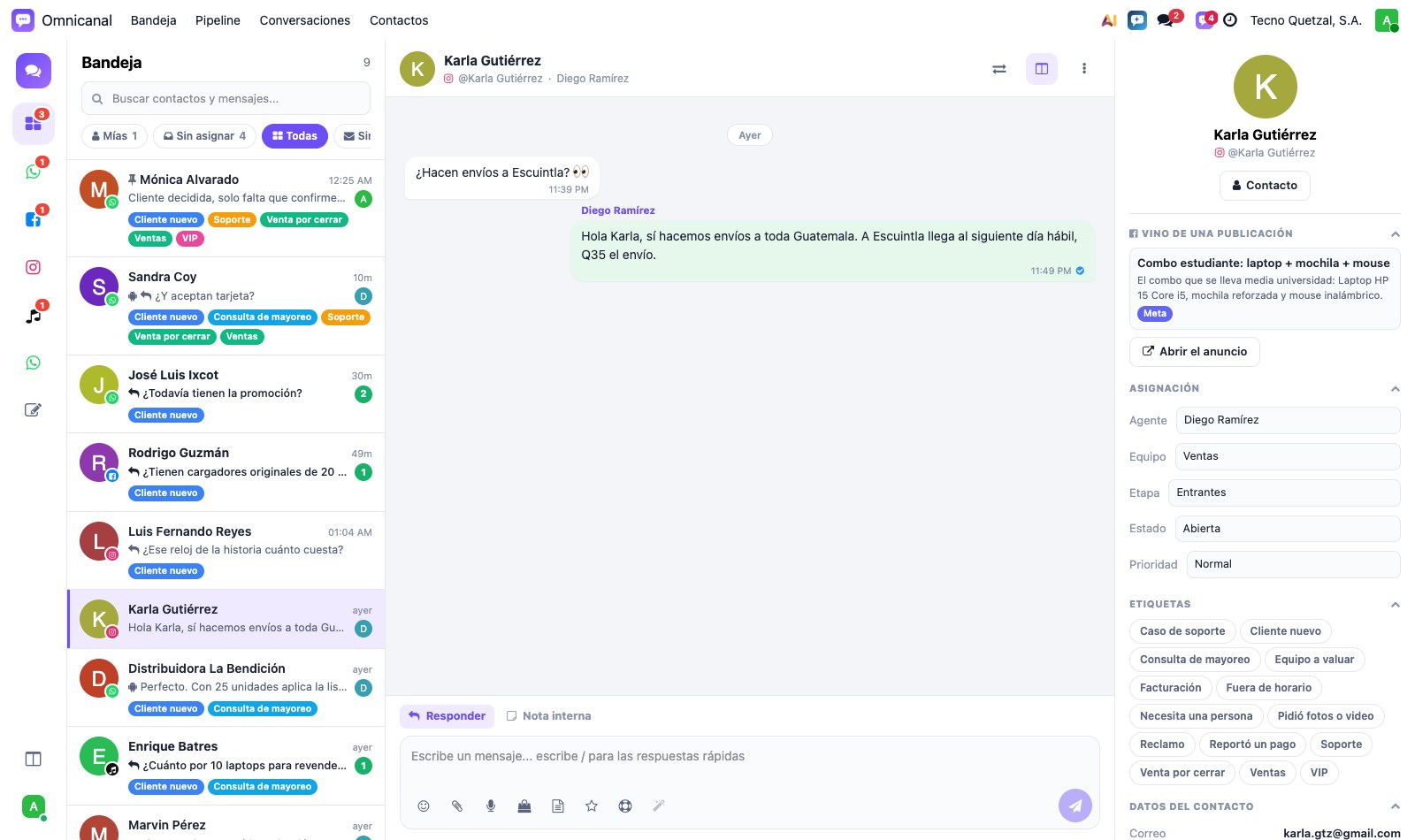Comentario de Instagram convertido en conversación