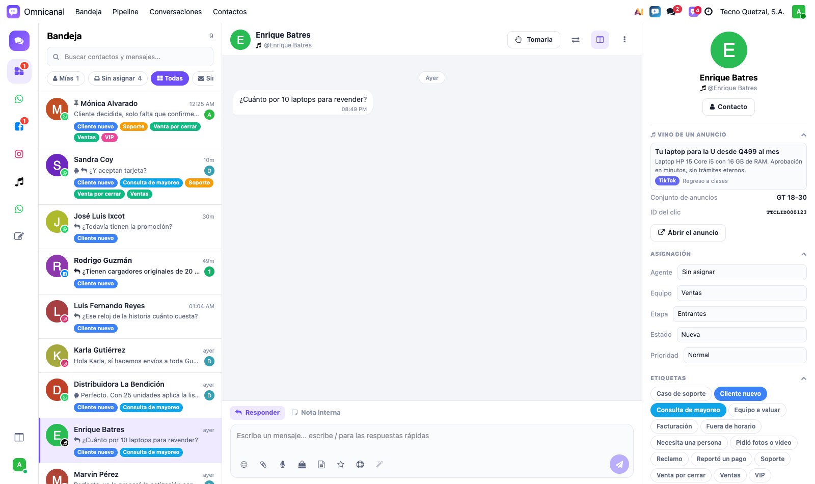 Conversación de TikTok en la bandeja