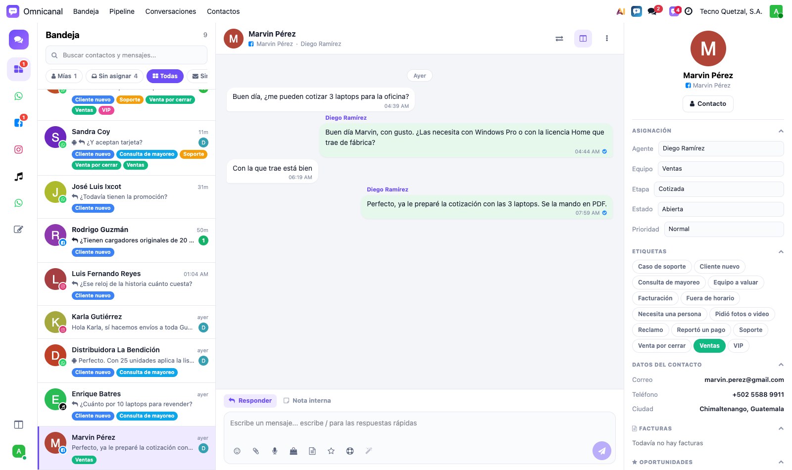 Conversación de Messenger en la bandeja