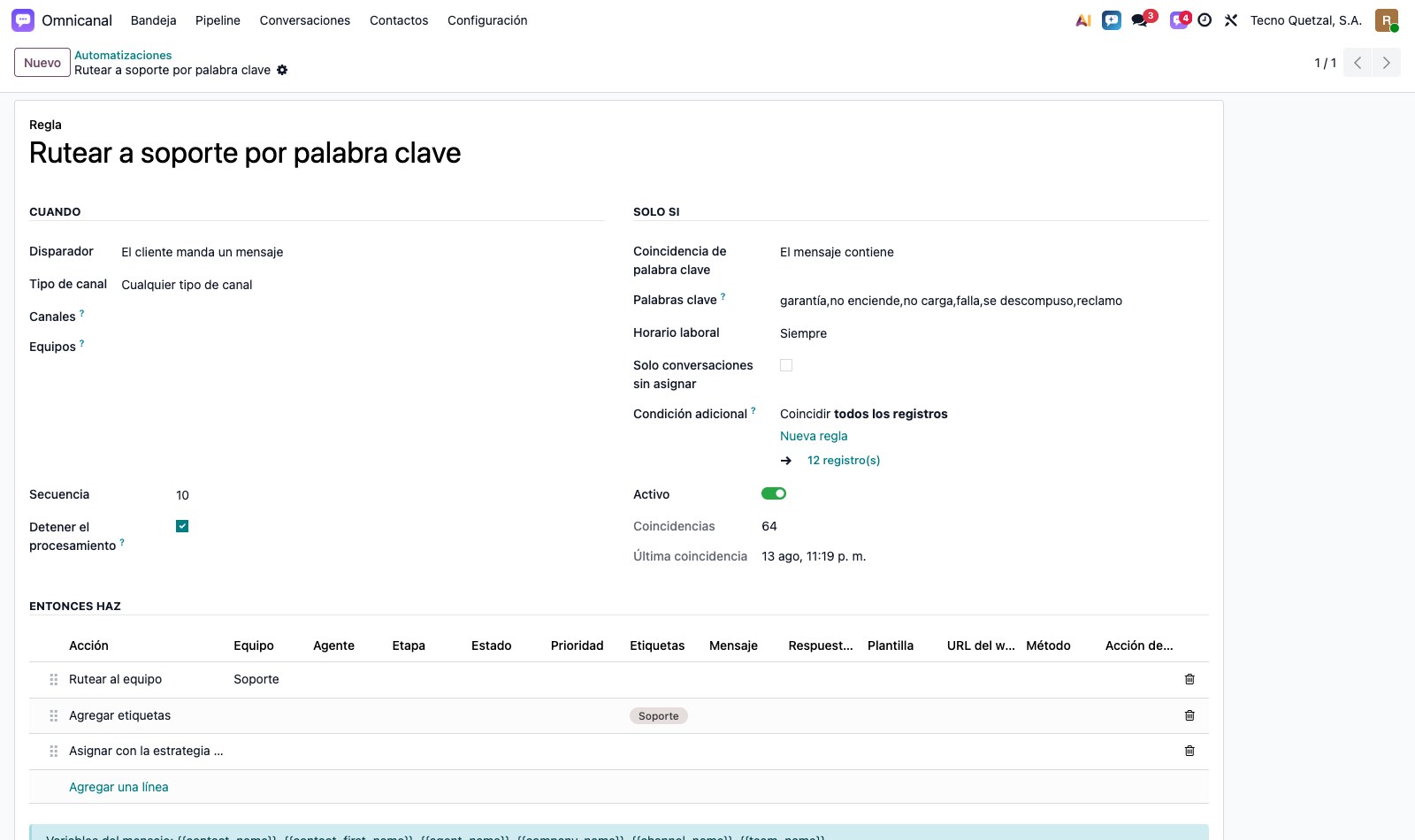 Ficha de una regla de automatización