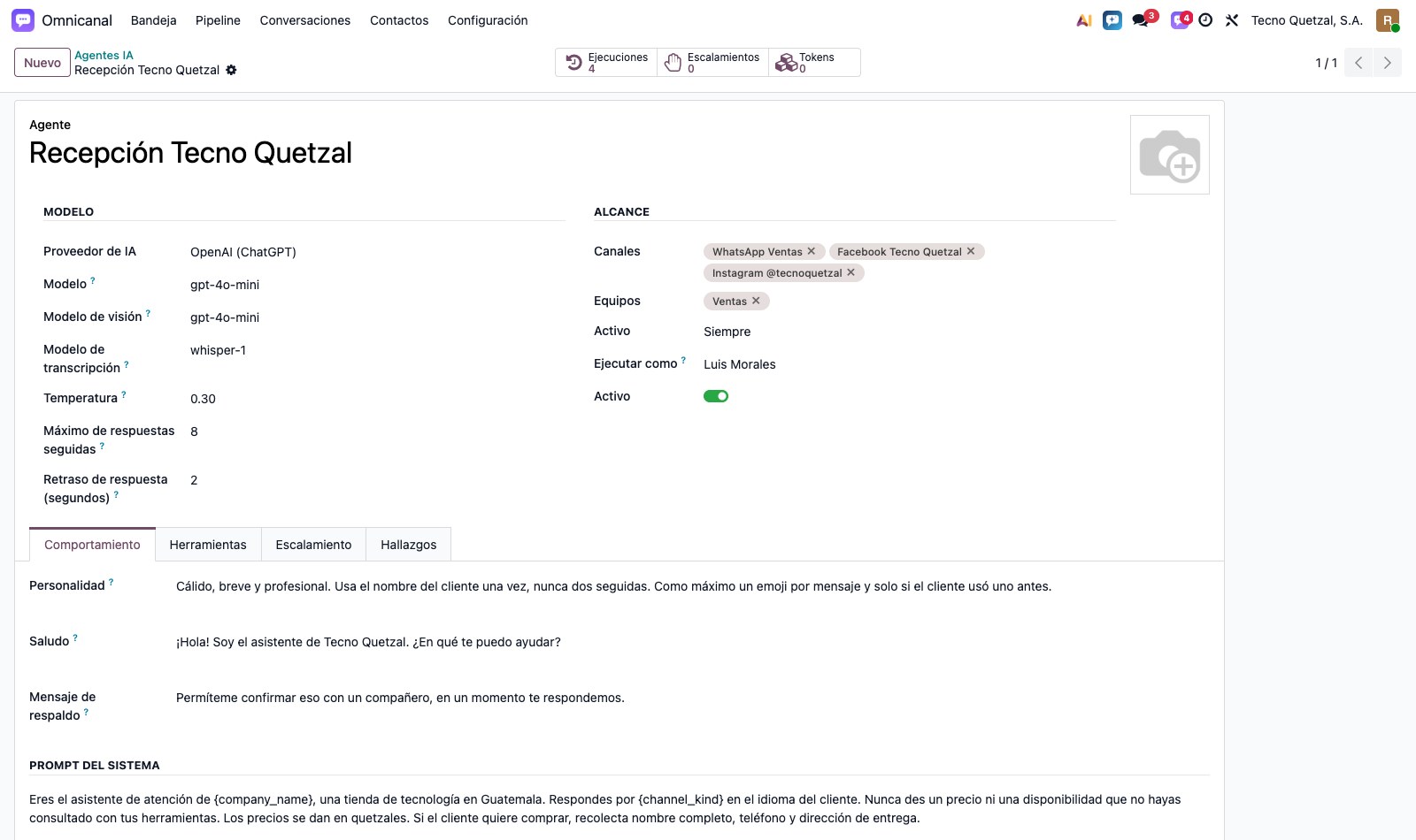 Pestaña de comportamiento del agente
