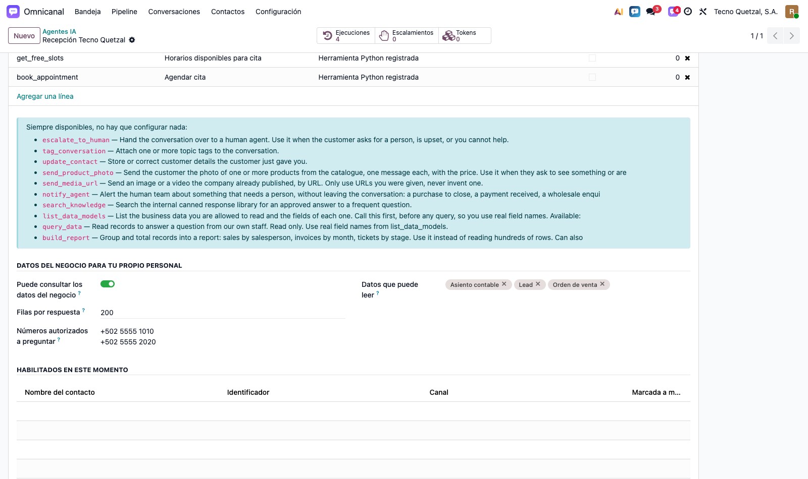 Configuración de acceso a datos del negocio
