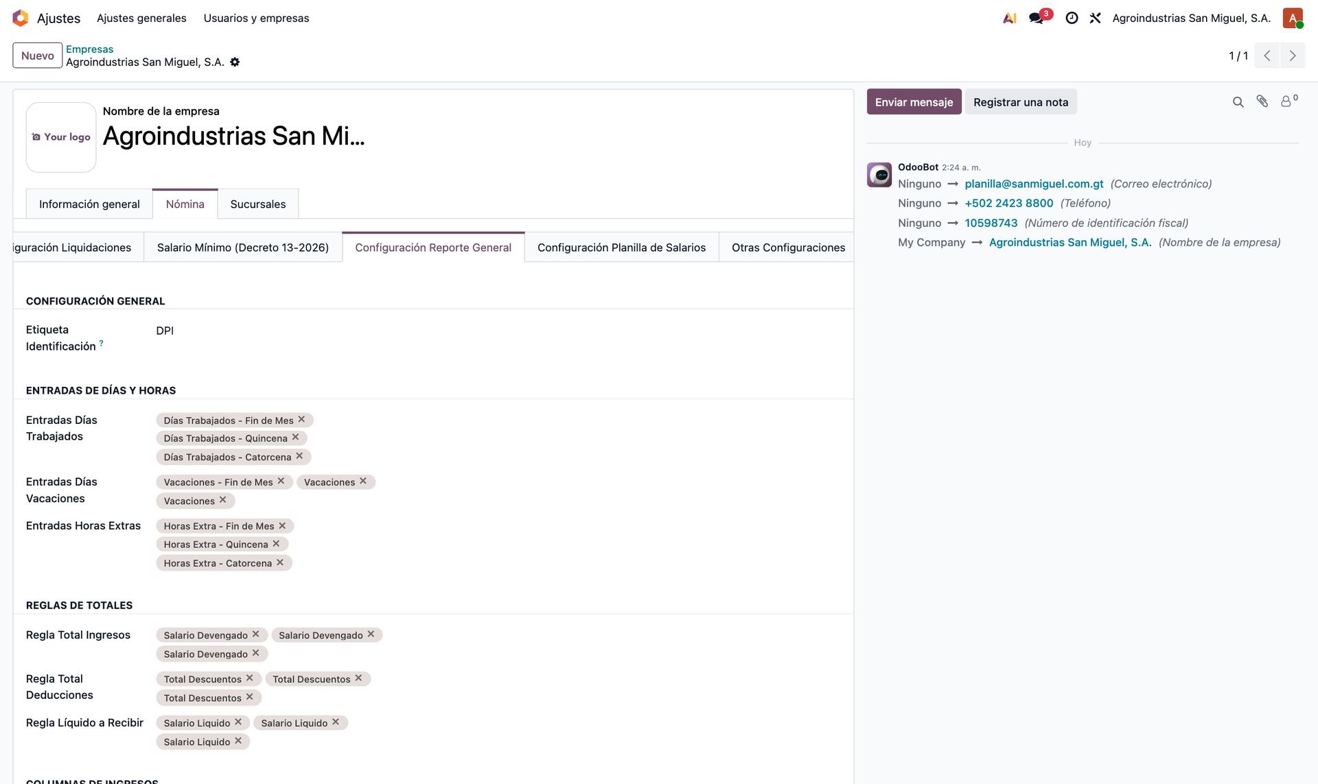 Configuración del reporte general