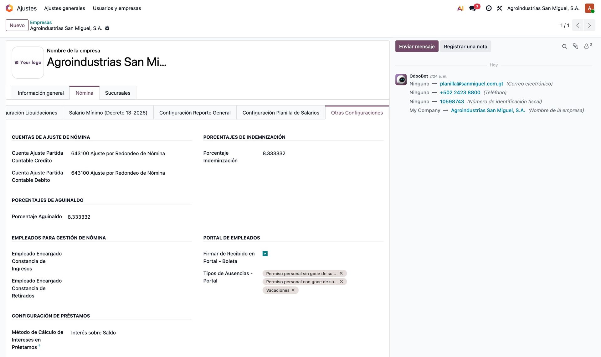 Otras configuraciones de nómina