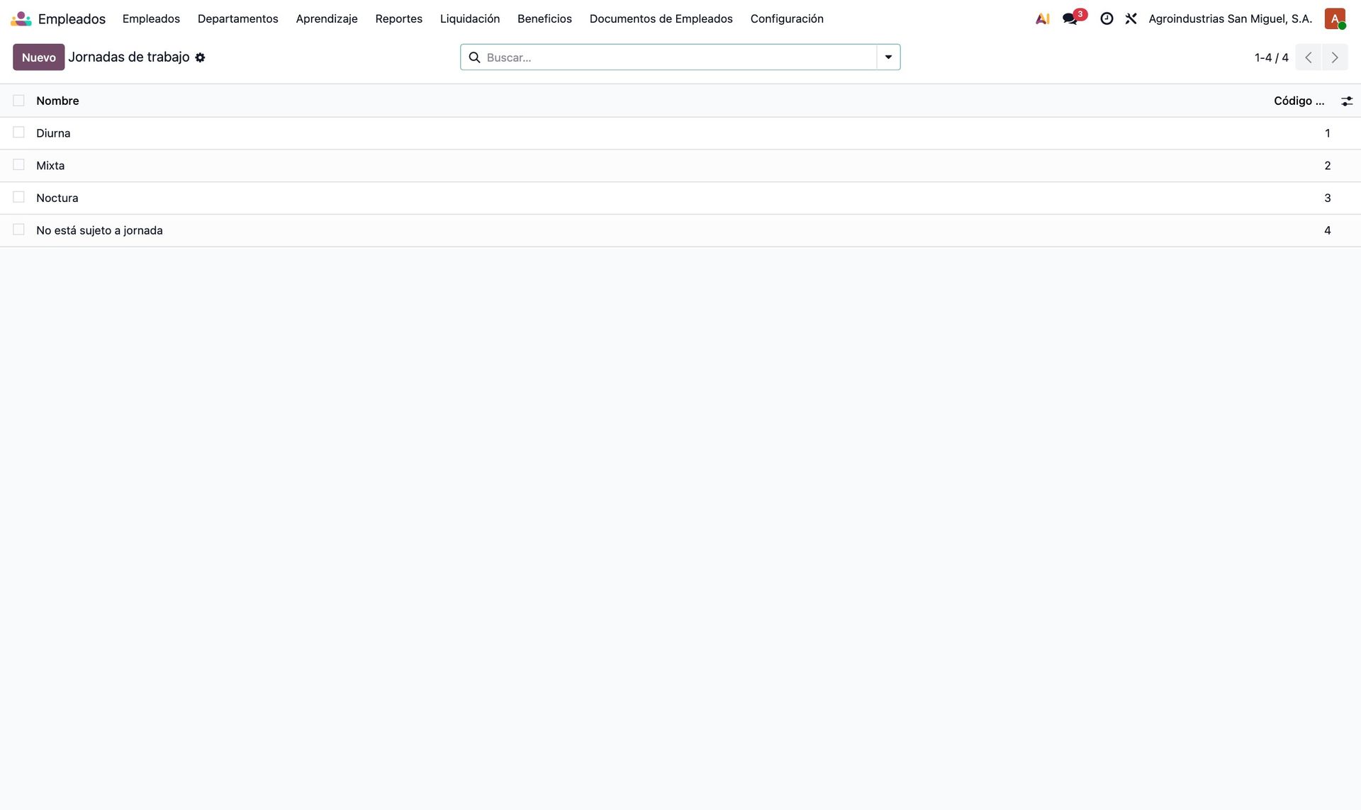 Catálogo de jornadas de trabajo