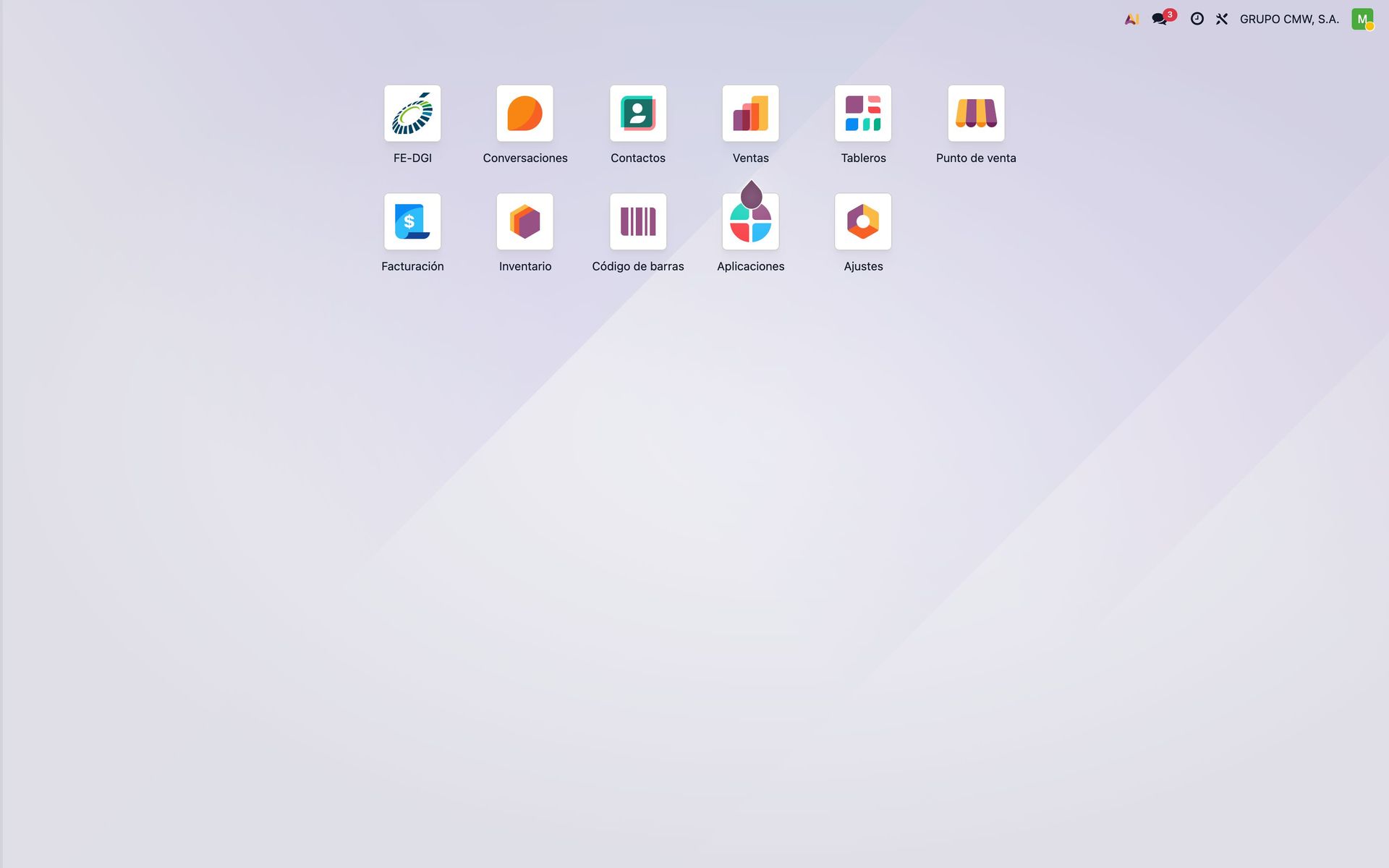 Pantalla de aplicaciones de Odoo con la aplicación FE-DGI