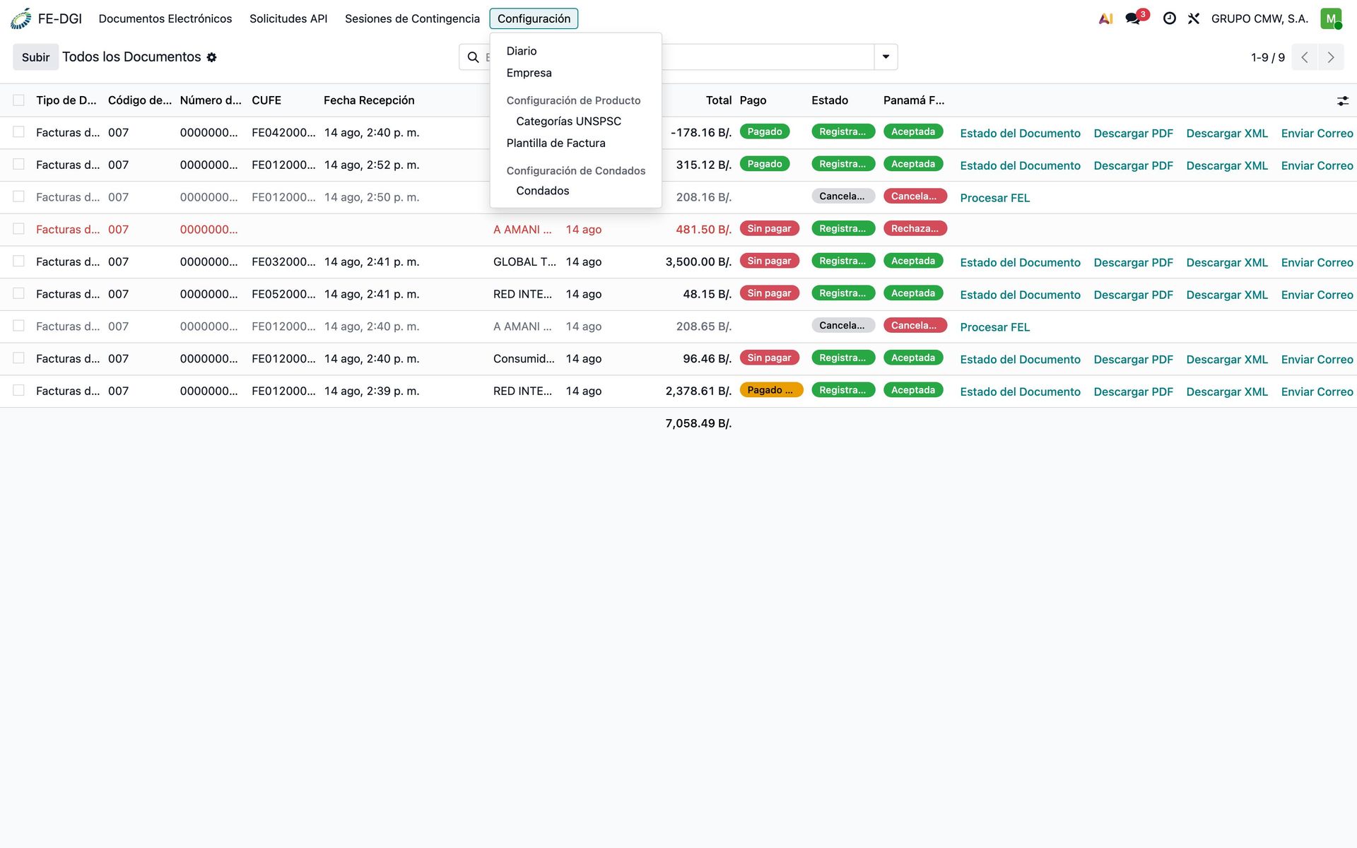 Menú Configuración de la aplicación FE-DGI desplegado