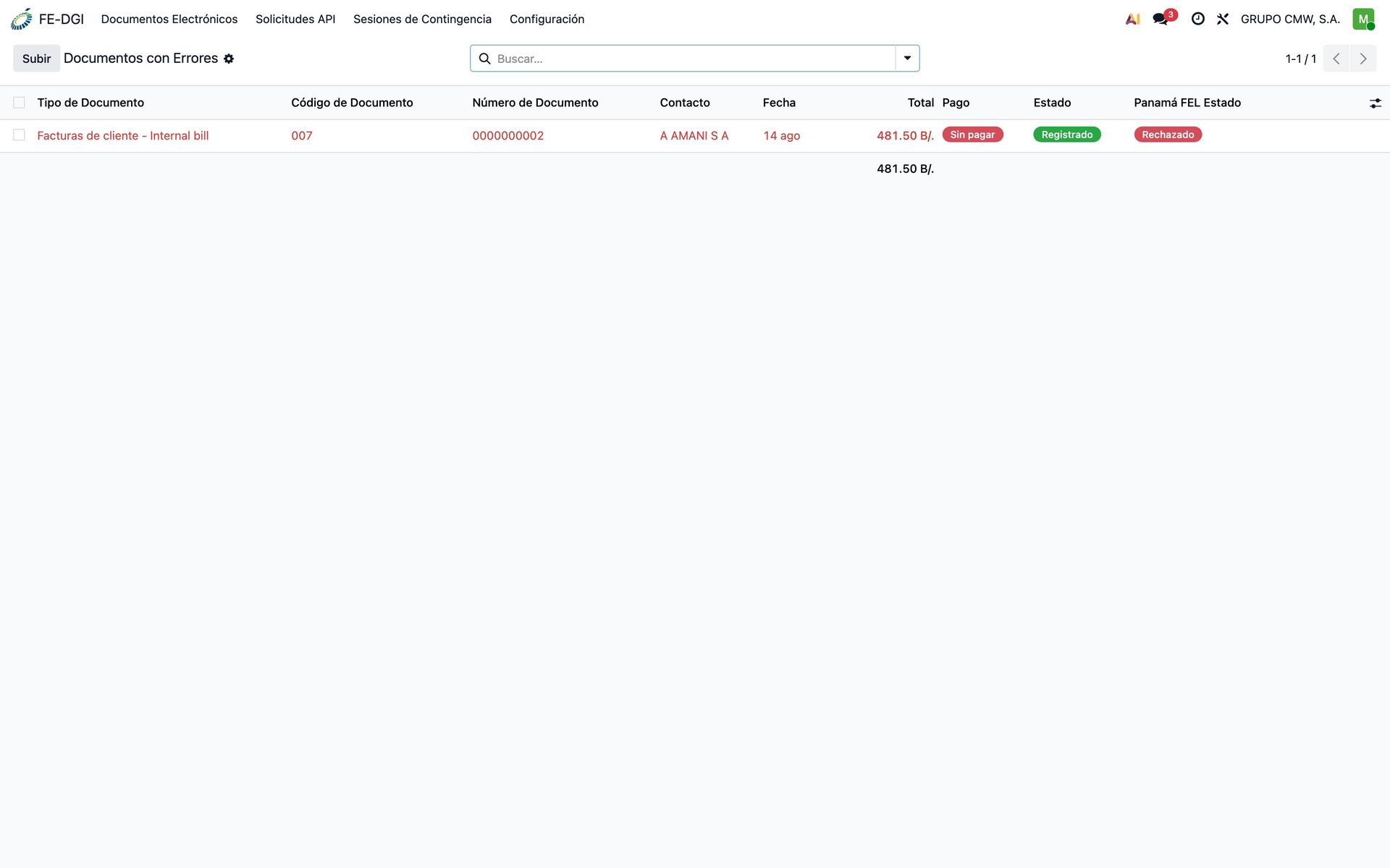 Lista de documentos con error
