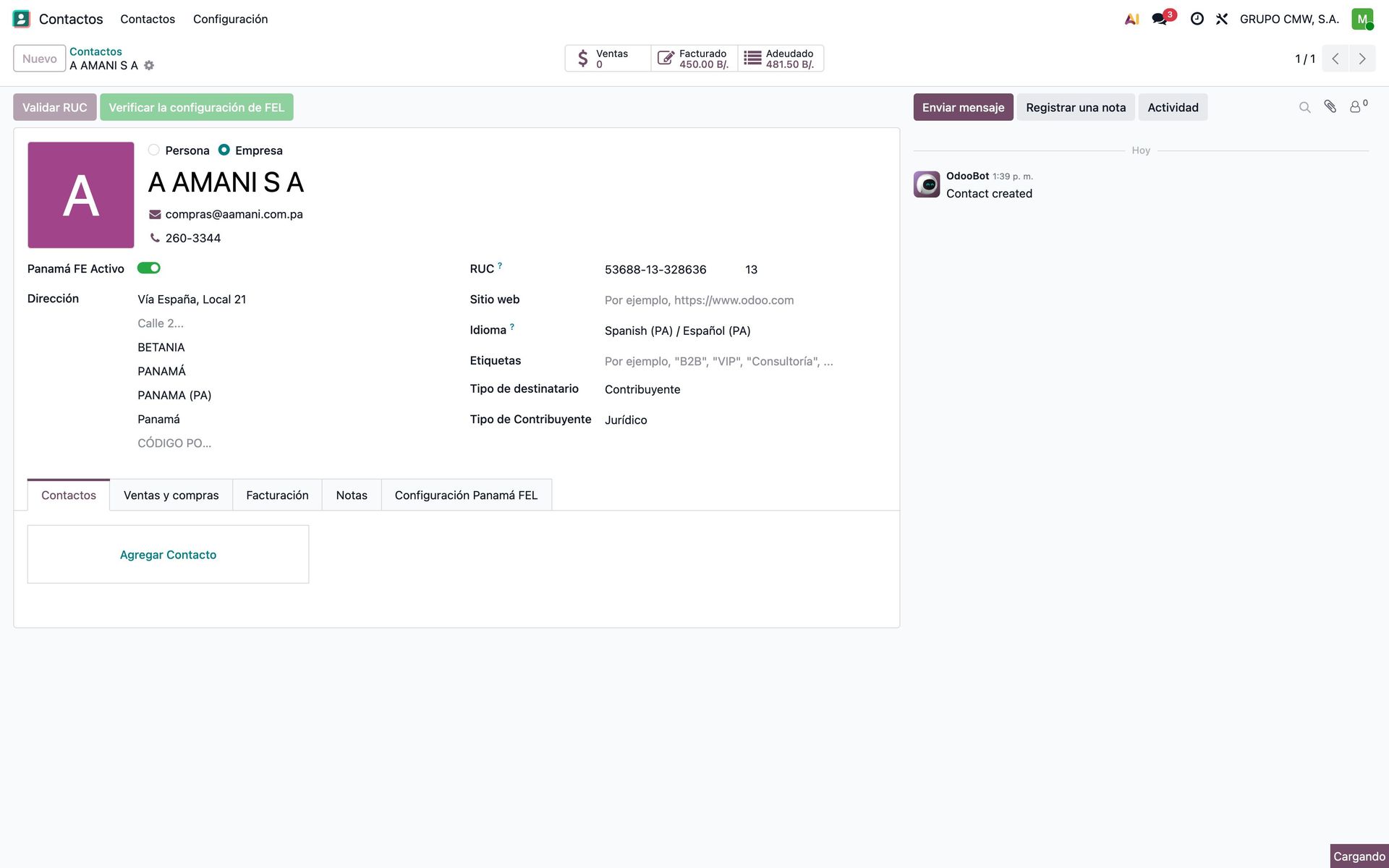 Resultado de validar el RUC de un contacto