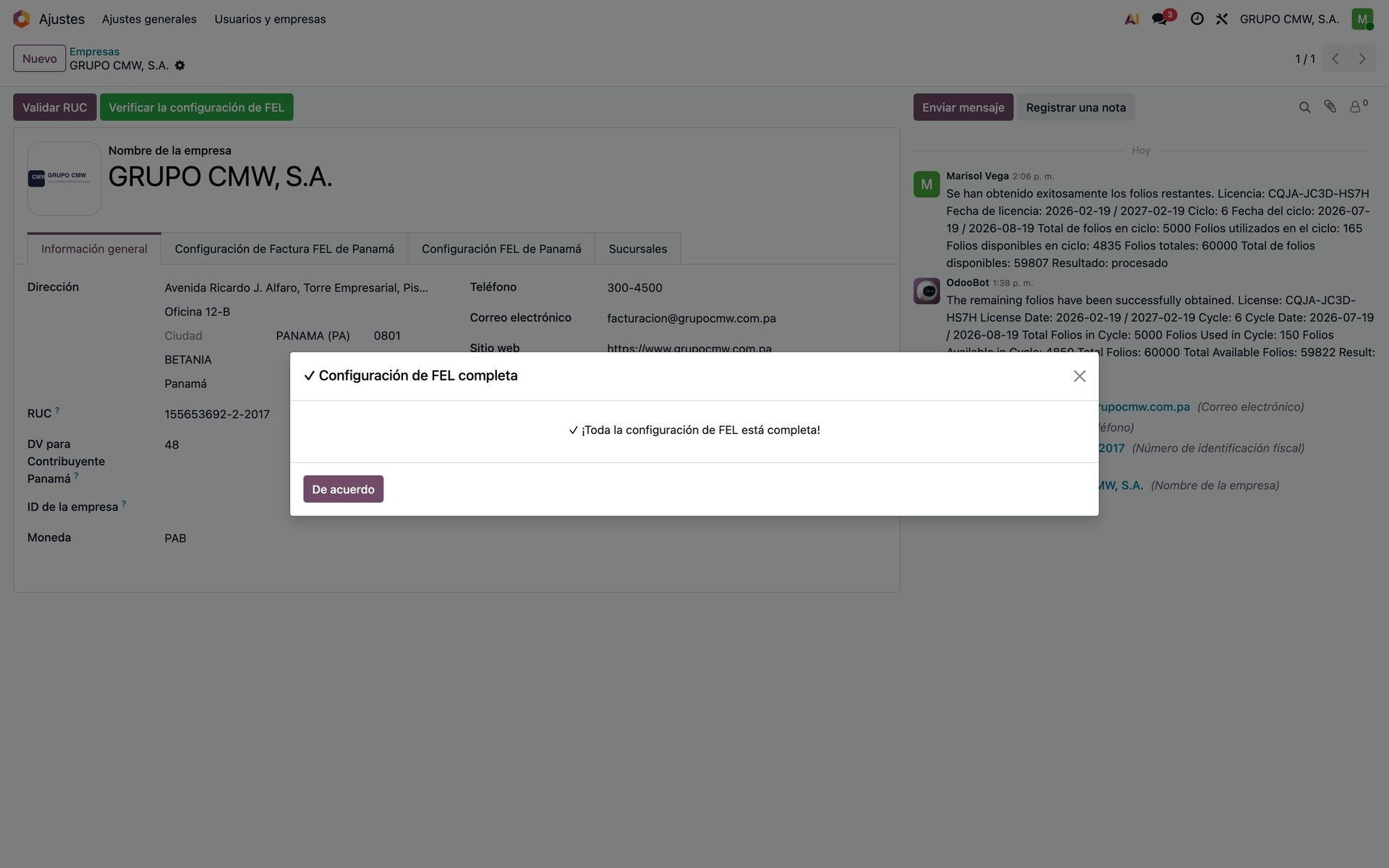 Resultado de verificar la configuración FEL de la empresa