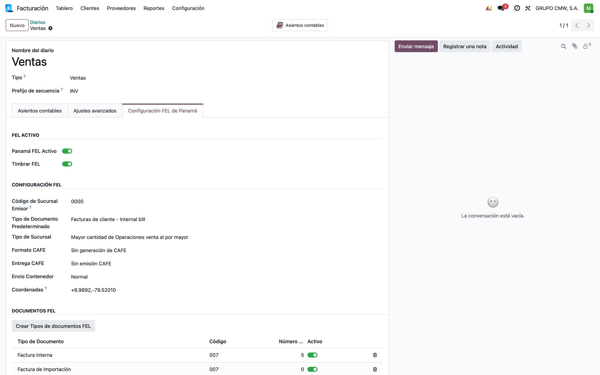 Pestaña de configuración FEL en el diario de ventas